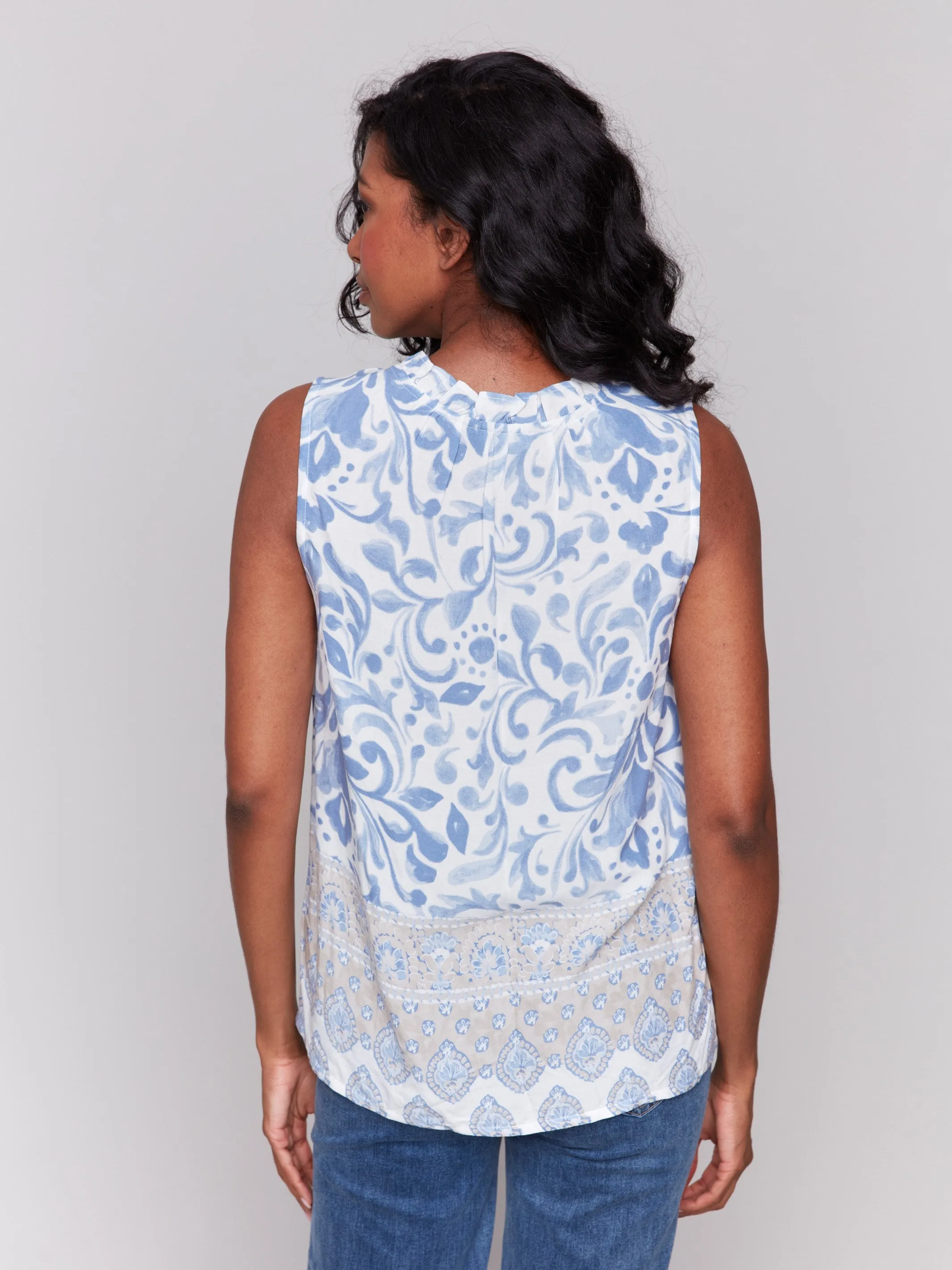 Printed Sleeveless Ruffle Neck Top - Royal sold by Charlie B product image thumbnail 3