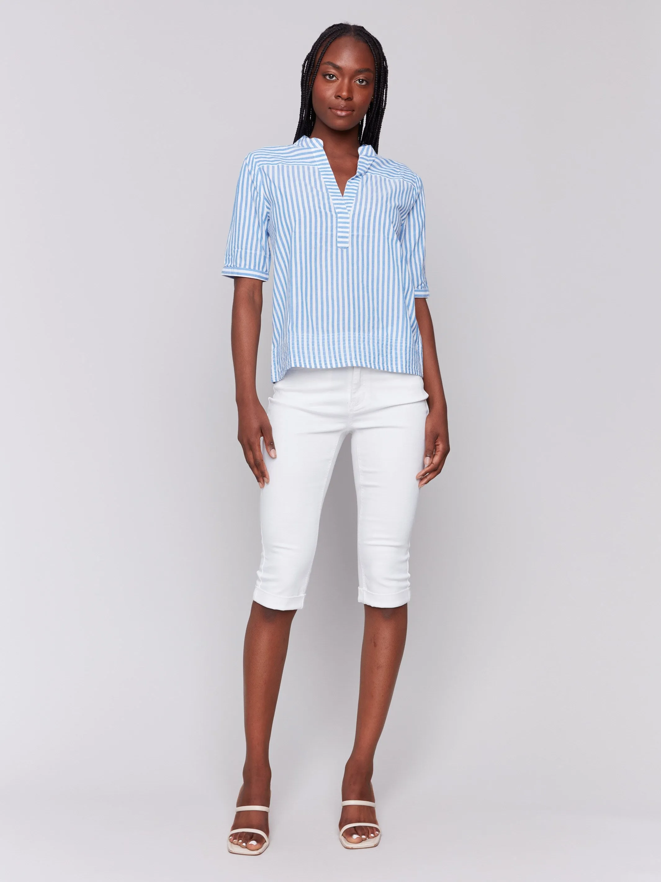 Striped Short Sleeve Popover Blouse - Denim sold by Charlie B product image thumbnail 3