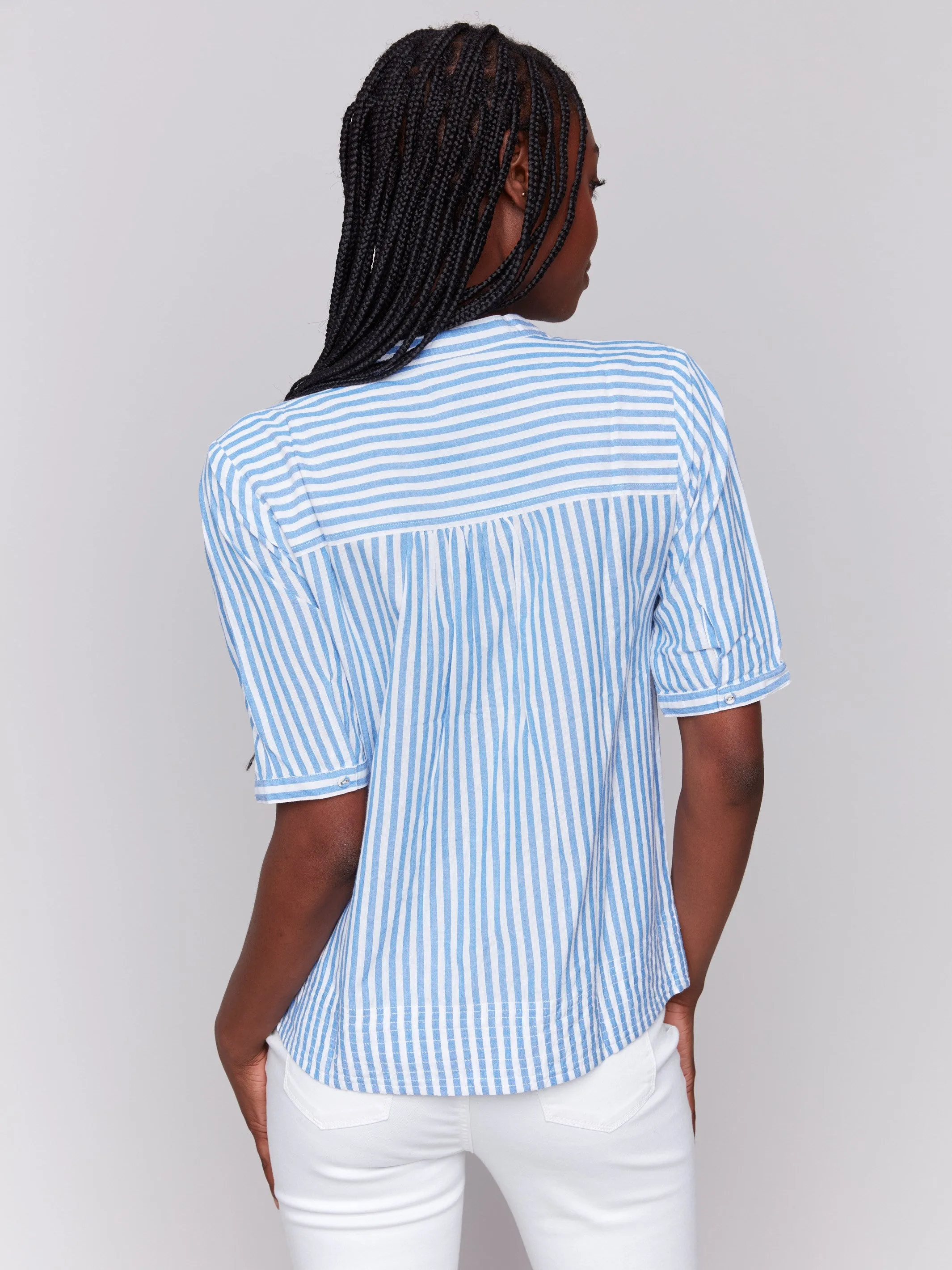 Striped Short Sleeve Popover Blouse - Denim sold by Charlie B product image thumbnail 4