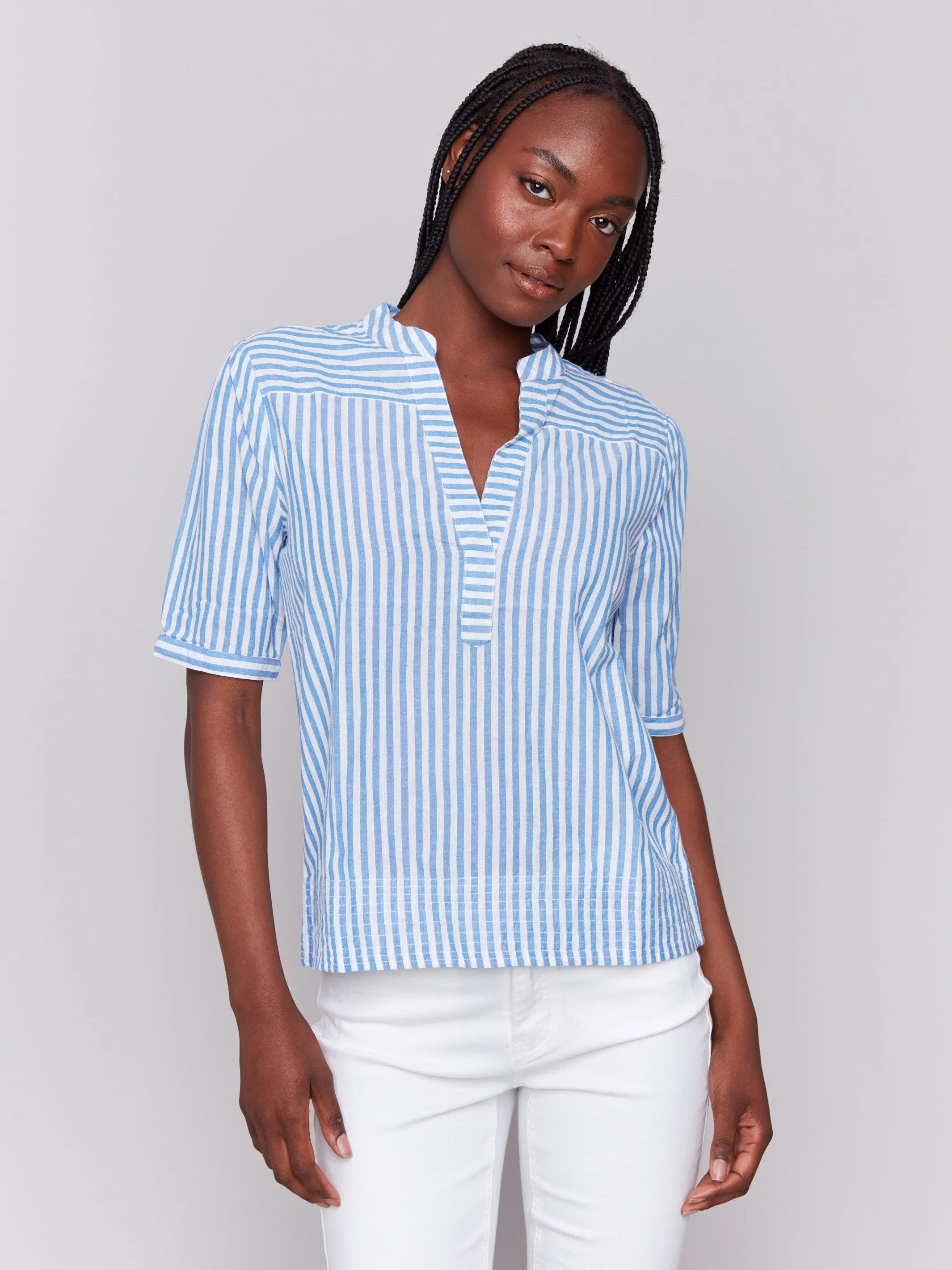Striped Short Sleeve Popover Blouse - Denim sold by Charlie B