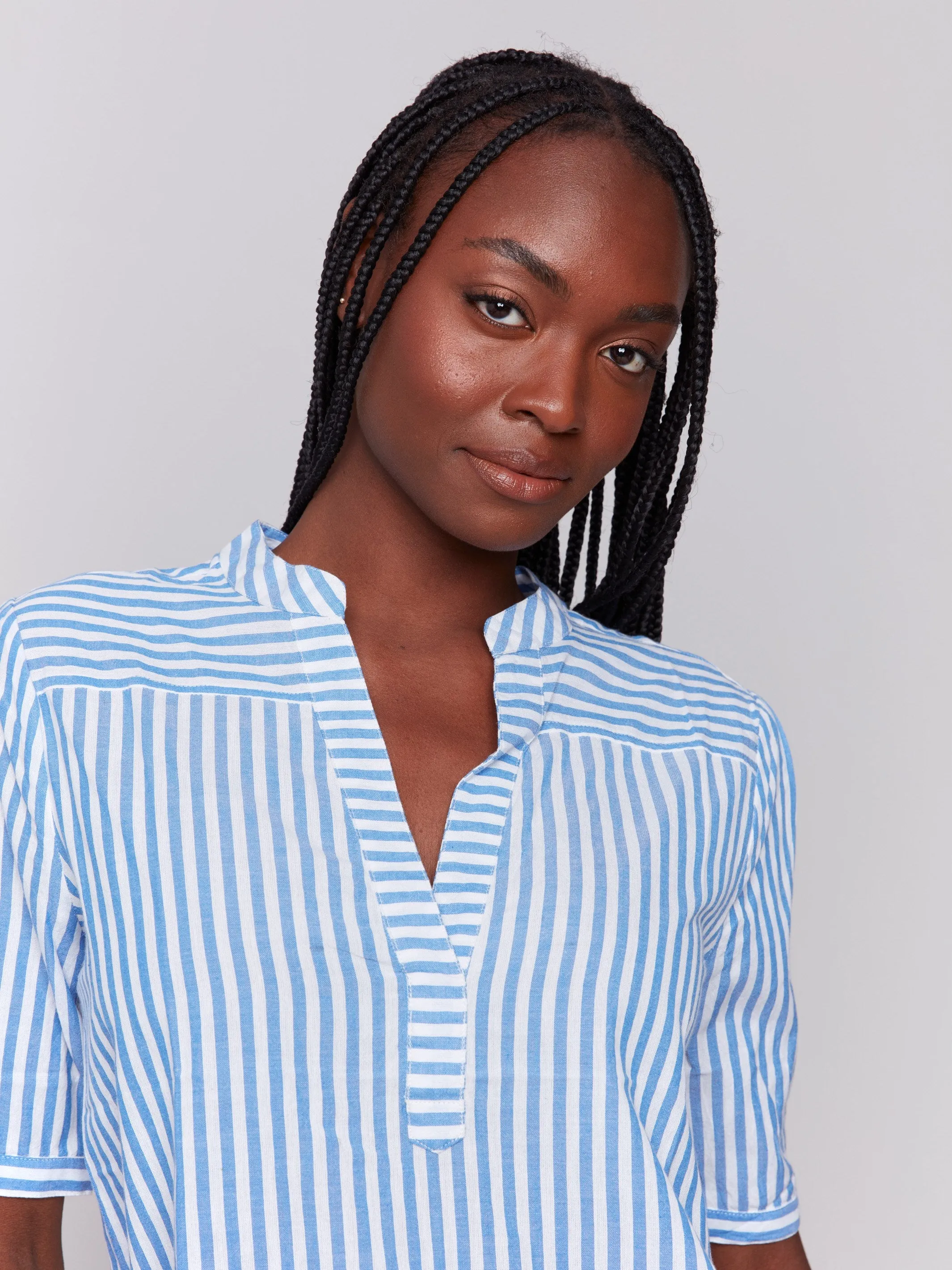 Striped Short Sleeve Popover Blouse - Denim sold by Charlie B product image thumbnail 2