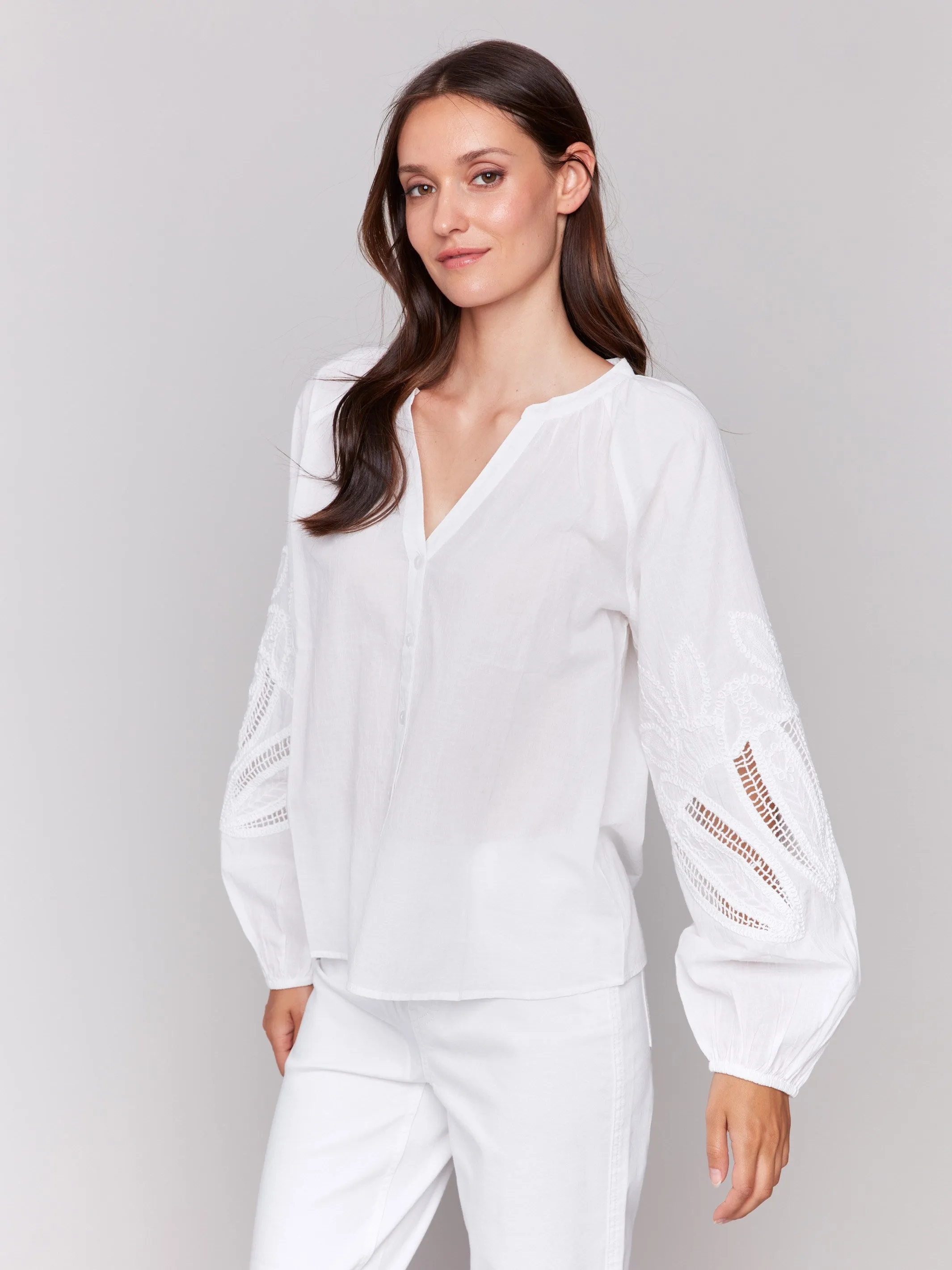 Cotton Button-Front Blouse with Embroidery - White sold by Charlie B product image thumbnail 3