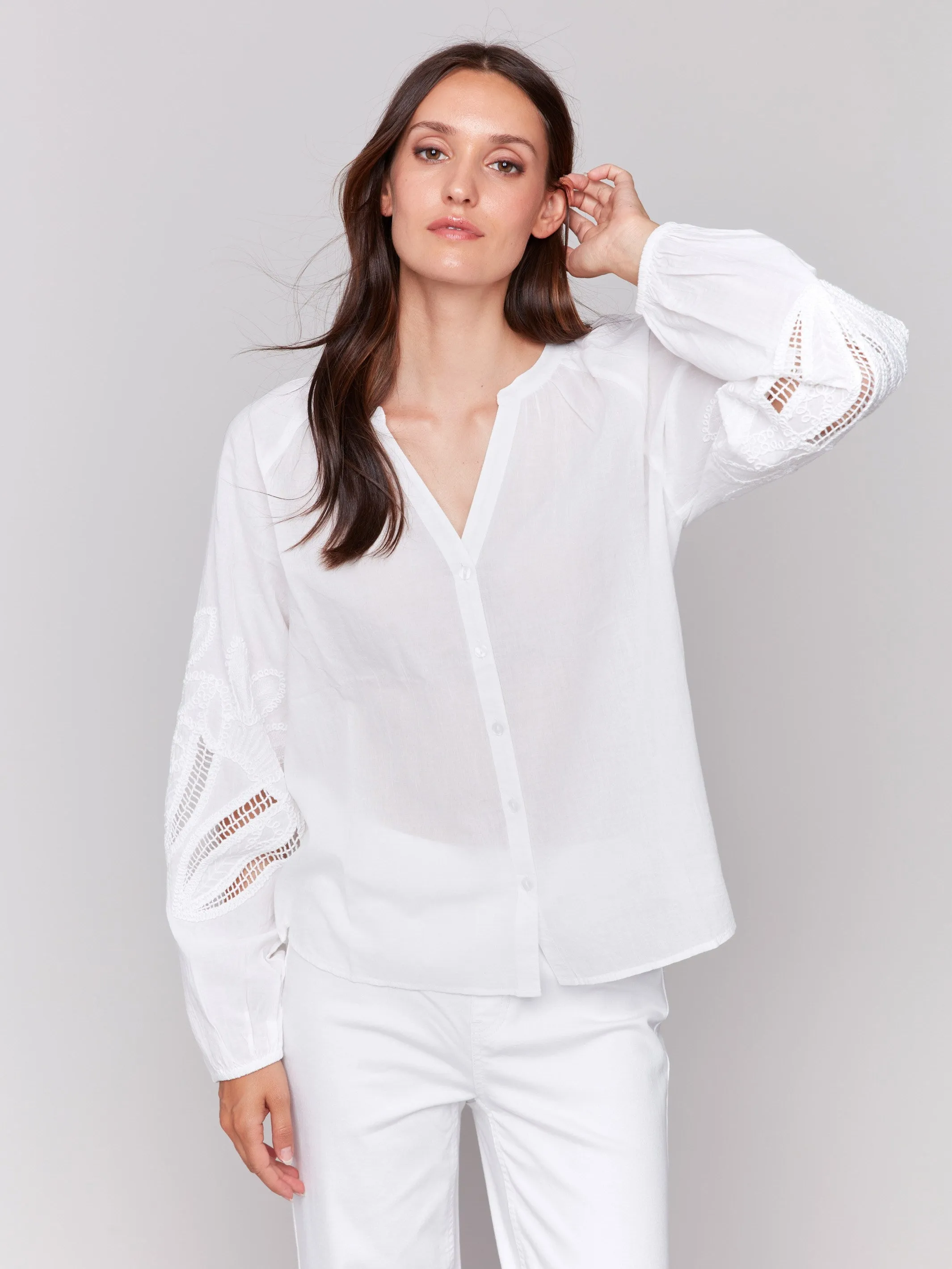 Cotton Button-Front Blouse with Embroidery - White sold by Charlie B