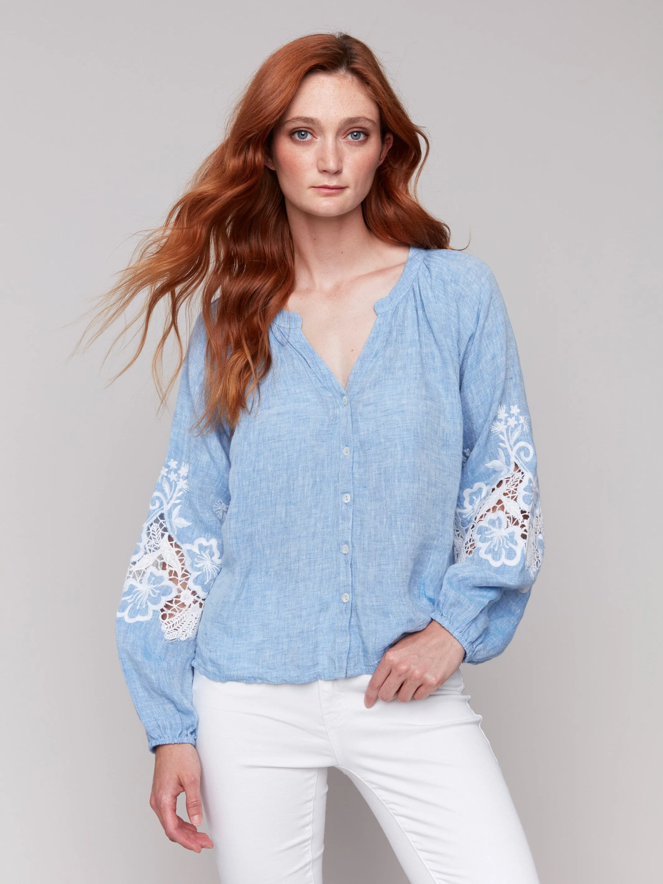Cotton-Linen Button-Front Blouse with Embroidery - Chambray sold by Charlie B product image thumbnail 5