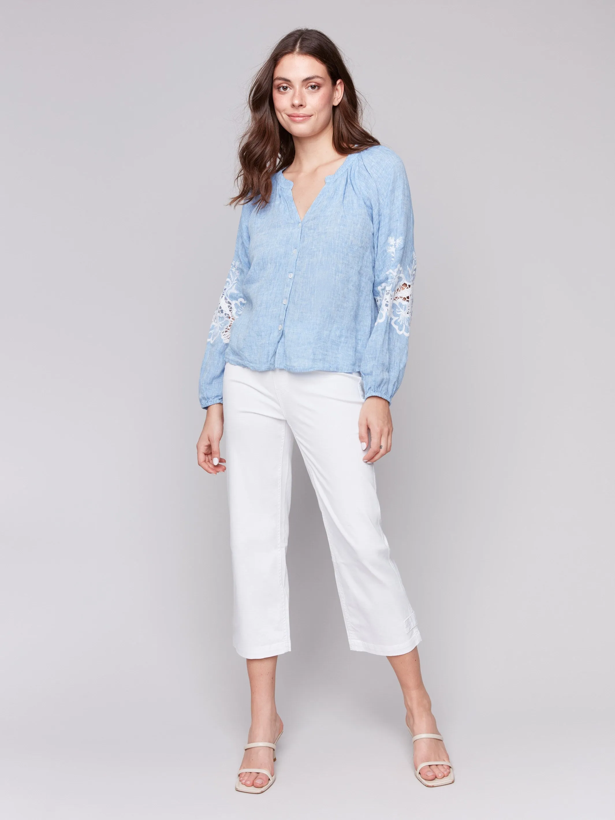 Cotton-Linen Button-Front Blouse with Embroidery - Chambray sold by Charlie B product image thumbnail 2