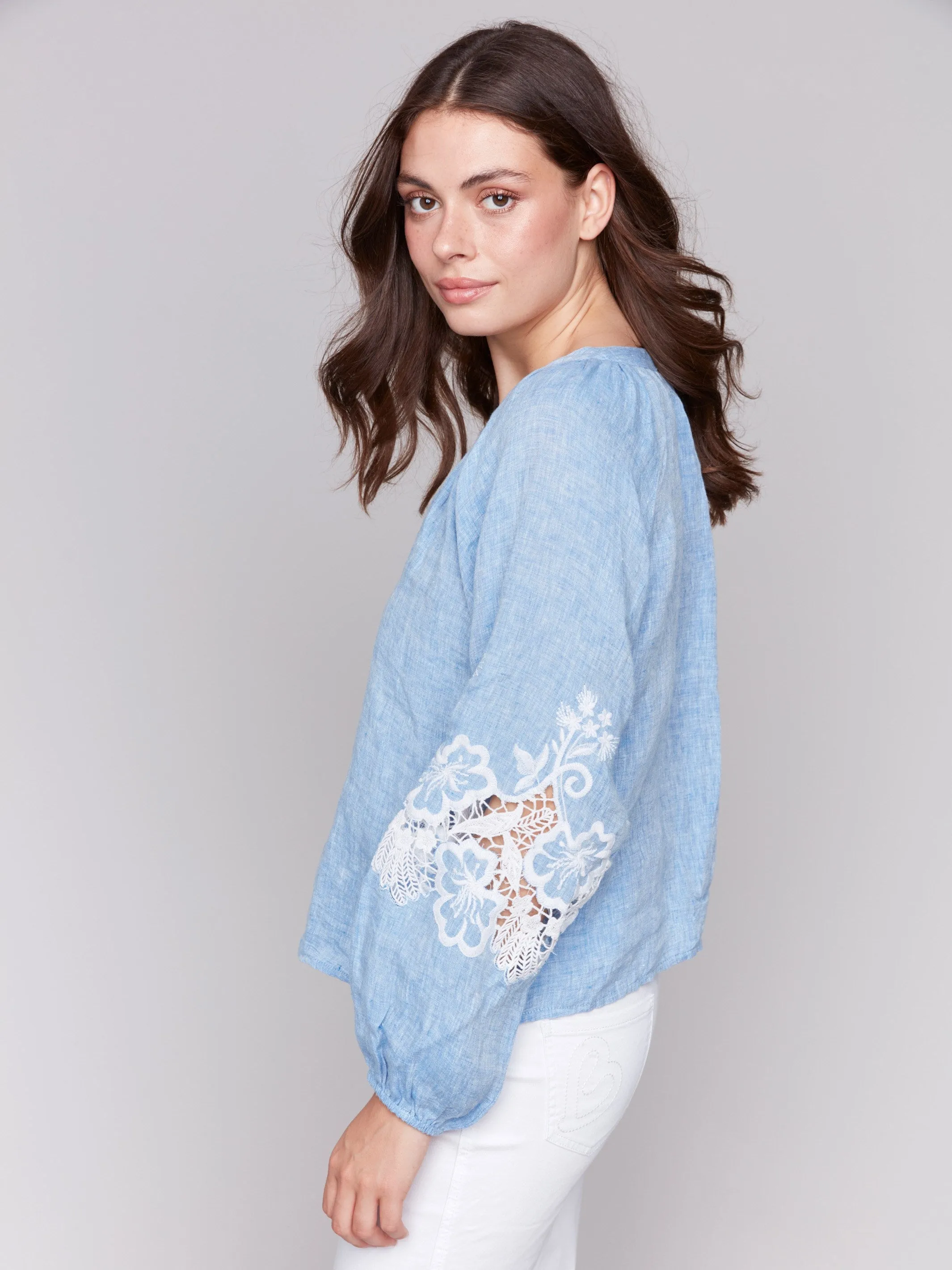 Cotton-Linen Button-Front Blouse with Embroidery - Chambray sold by Charlie B product image thumbnail 3