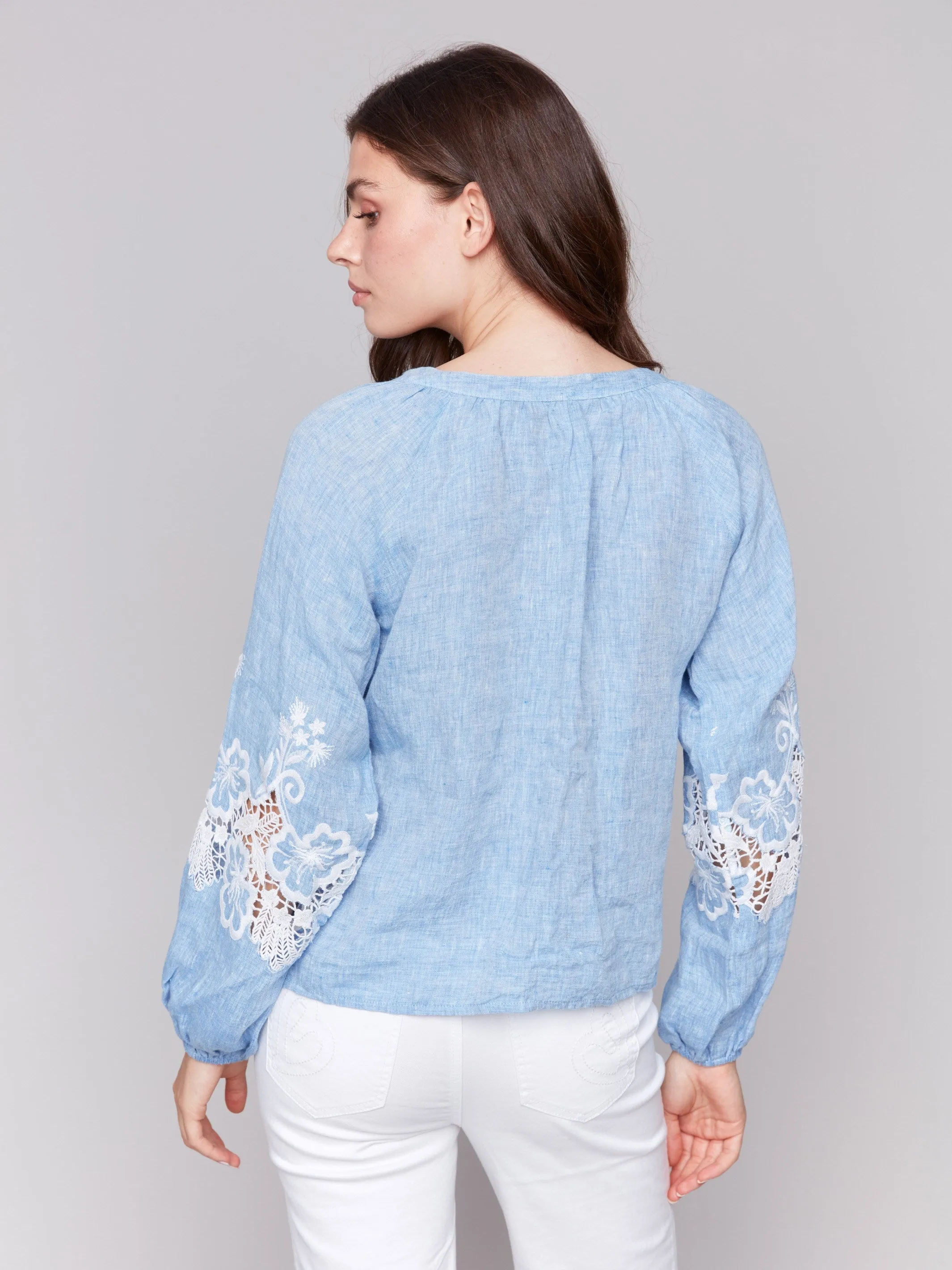 Cotton-Linen Button-Front Blouse with Embroidery - Chambray sold by Charlie B product image thumbnail 4