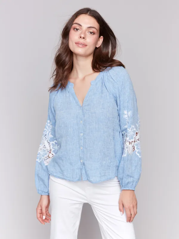Cotton-Linen Button-Front Blouse with Embroidery - Chambray sold by Charlie B