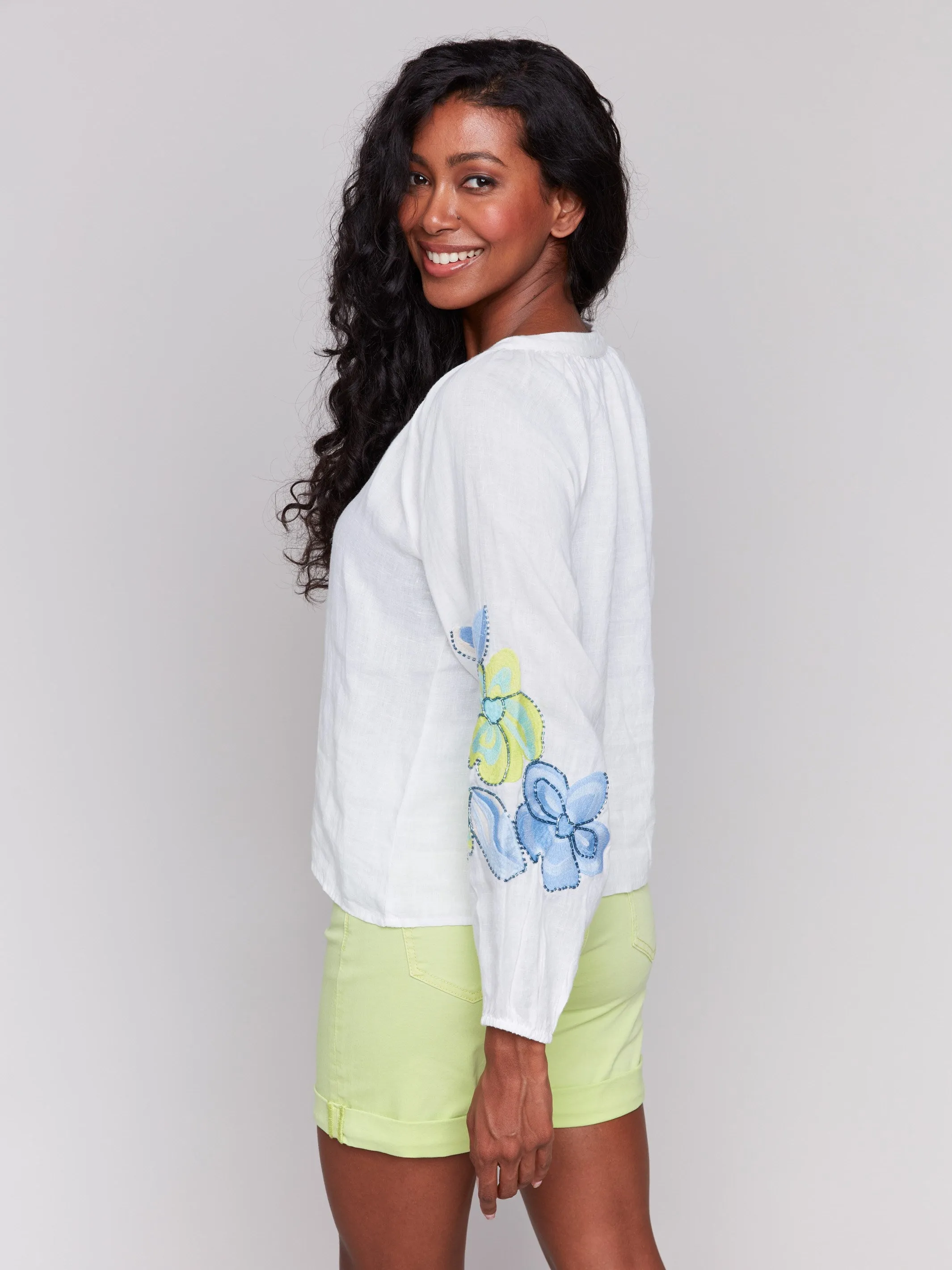Linen Blend Button-Front Embroidered Blouse - Anise sold by Charlie B product image thumbnail 4