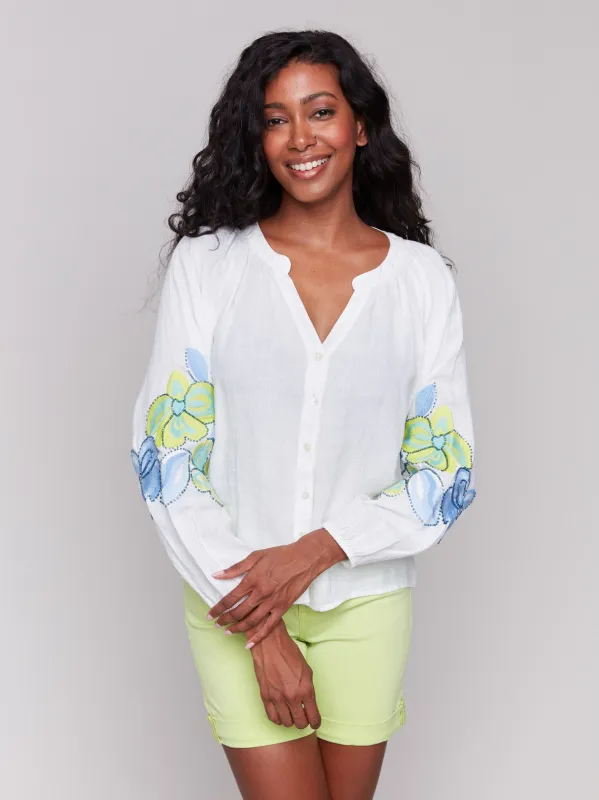 Linen Blend Button-Front Embroidered Blouse - Anise sold by Charlie B