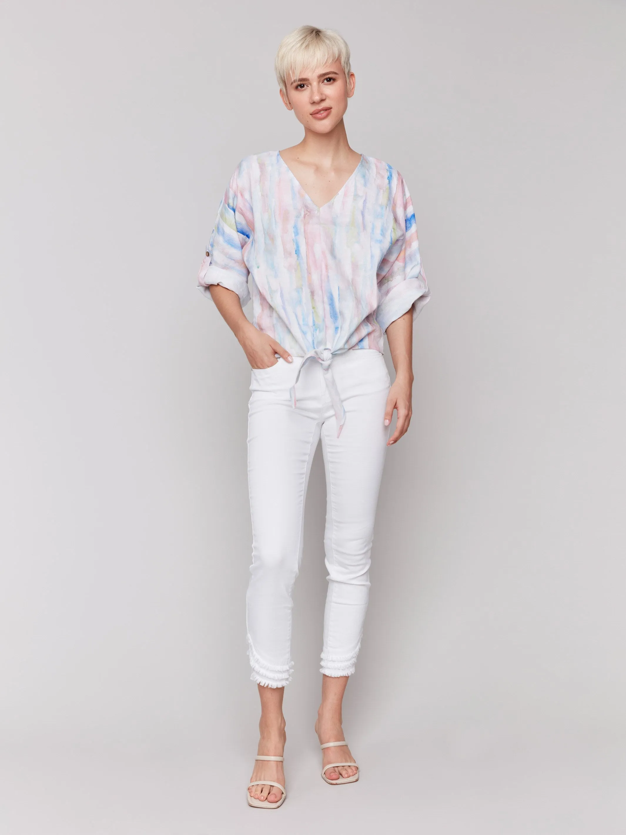 Printed 3/4 Sleeve Top with Front Tie - Watercolor sold by Charlie B product image thumbnail 4