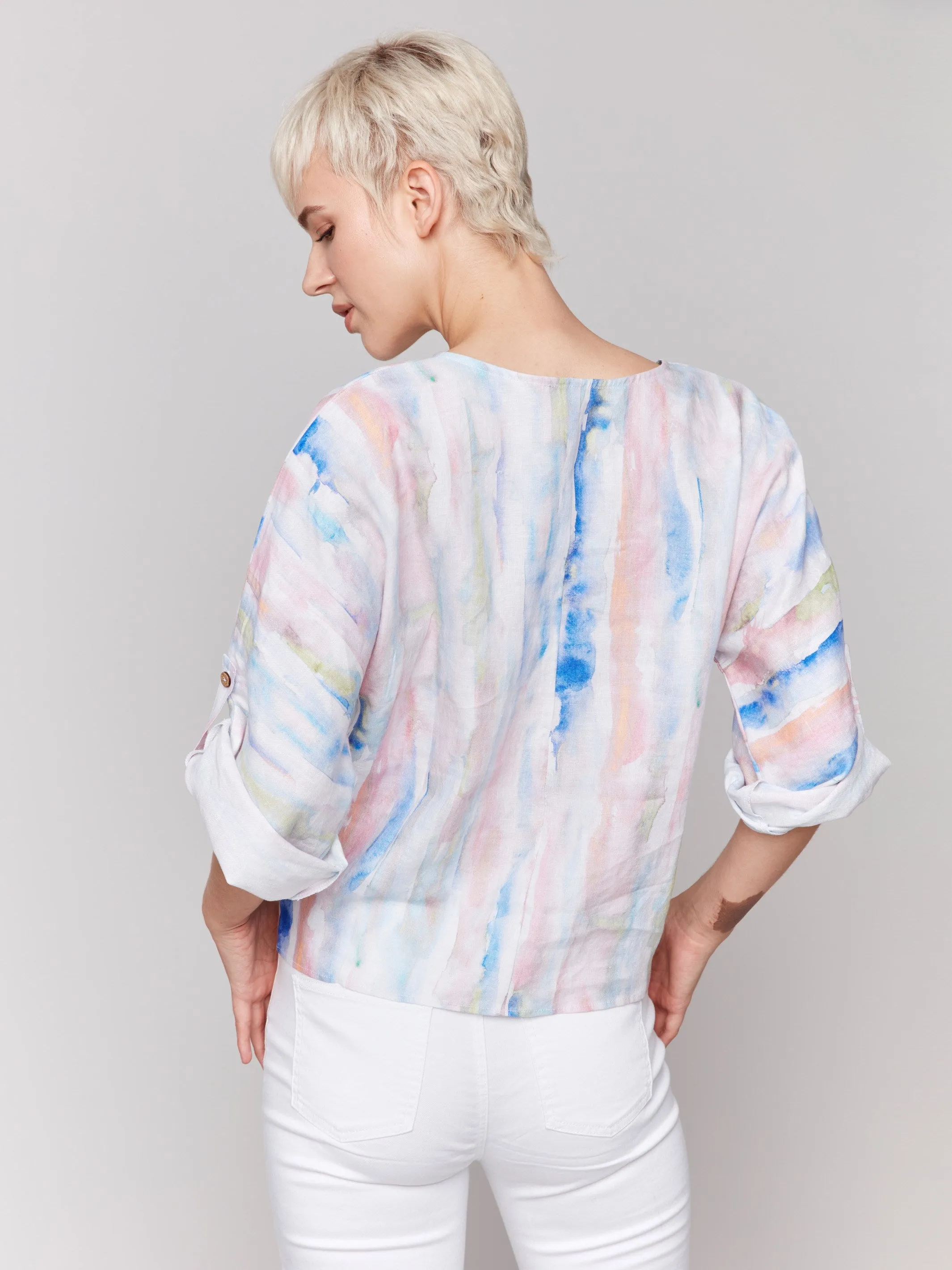 Printed 3/4 Sleeve Top with Front Tie - Watercolor sold by Charlie B product image thumbnail 3