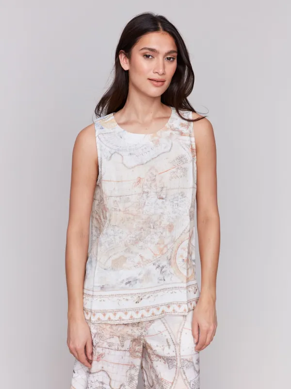 Printed Sleeveless Linen Blend Top - Atlas sold by Charlie B