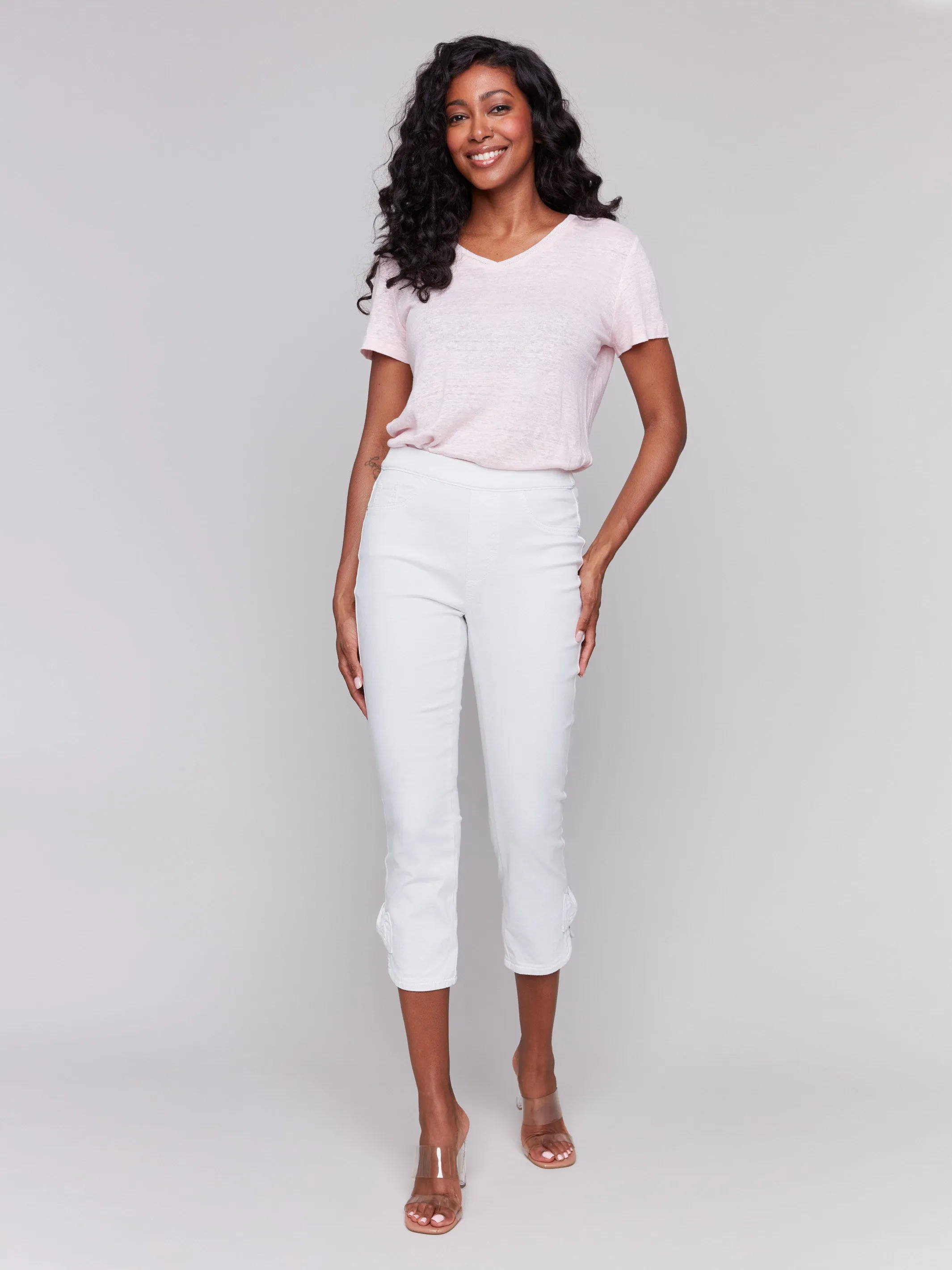 Pull-On Twill Pants with Bow Detail - White sold by Charlie B
