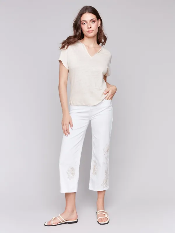 Floral Embroidered Cropped Flare Twill Pants - White sold by Charlie B