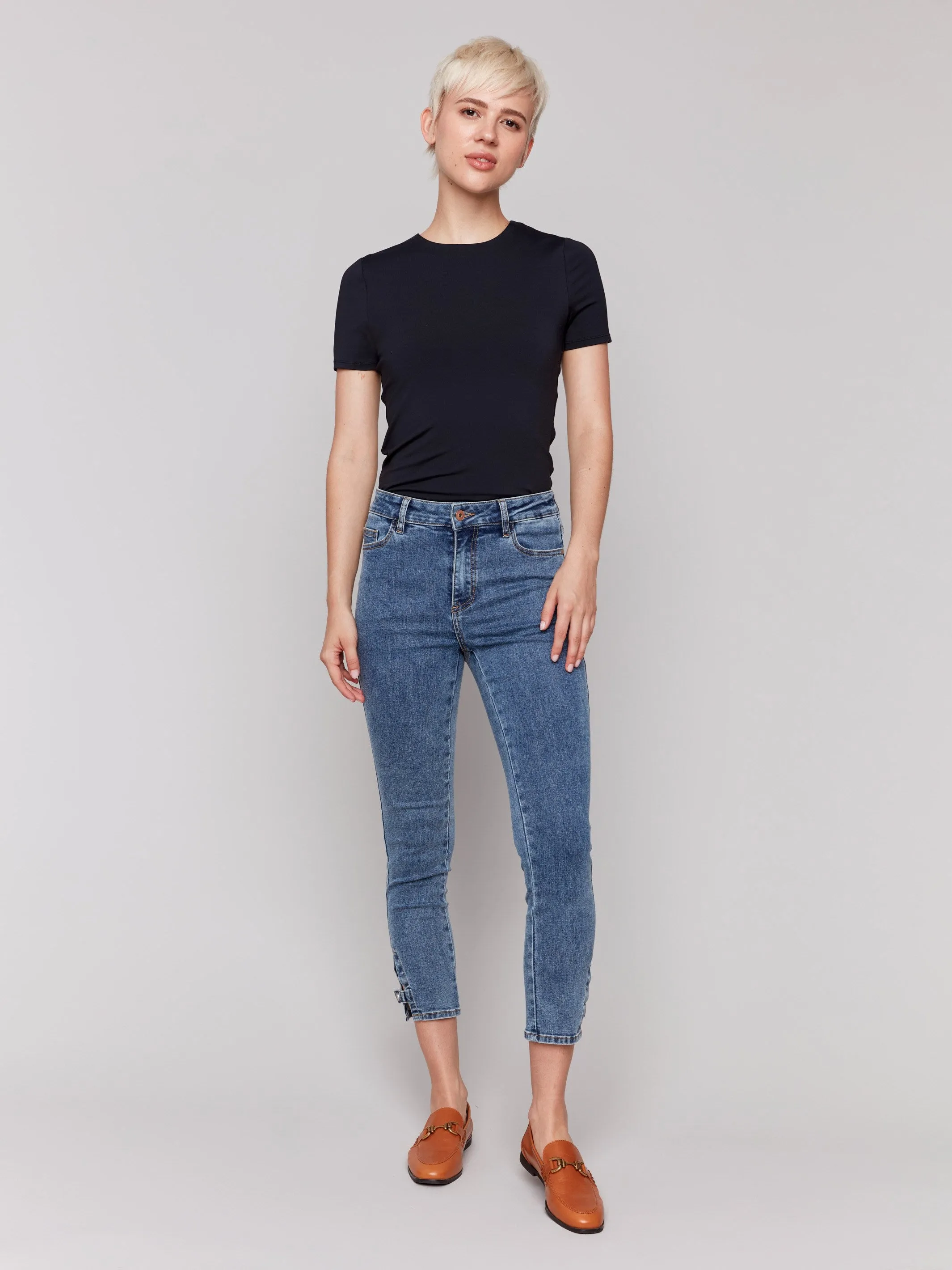 Slim Cropped Jeans with Side Mini Tabs - Medium Blue sold by Charlie B