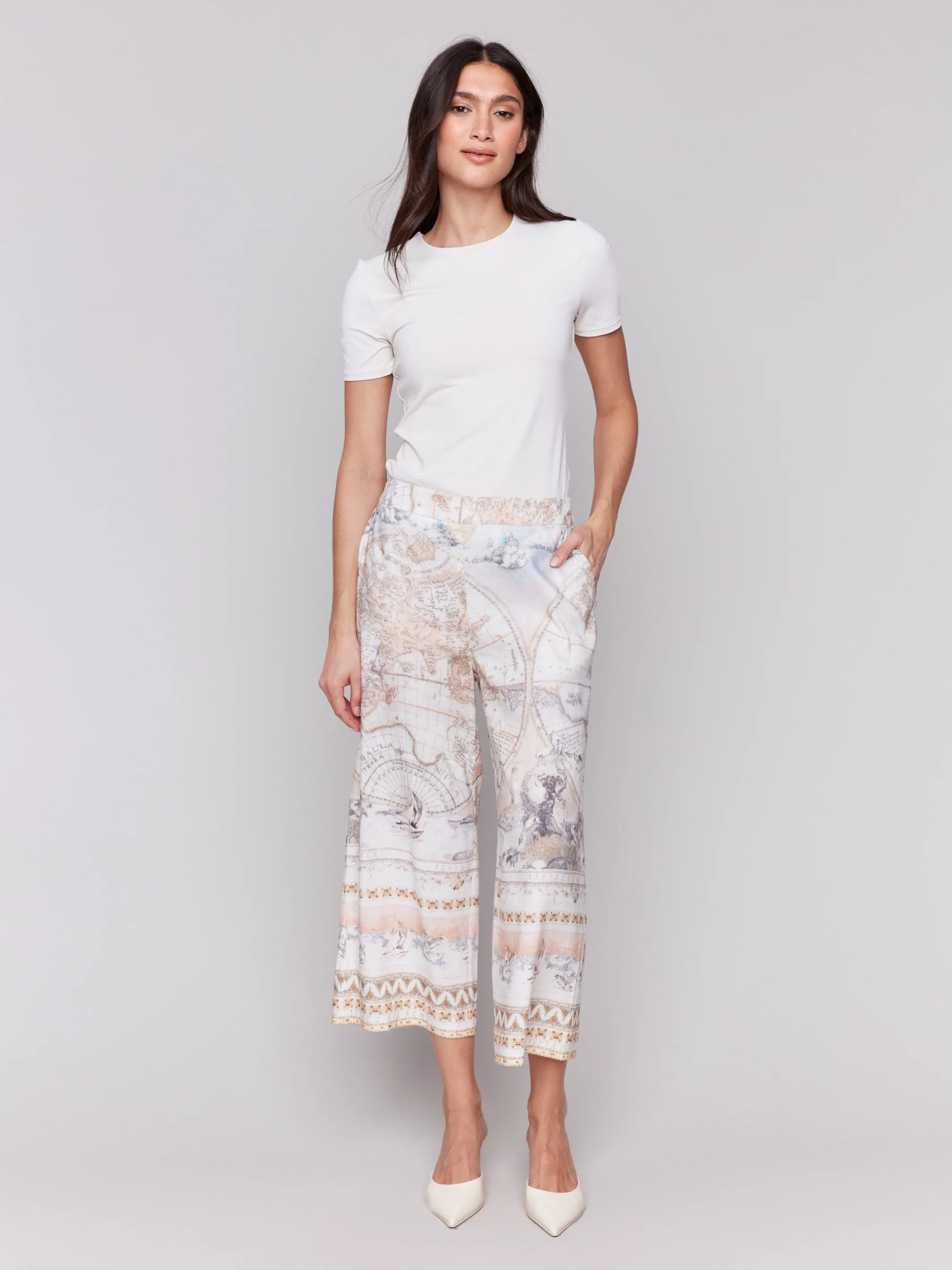 Printed Linen Blend Cropped Pull-On Pants - Atlas sold by Charlie B