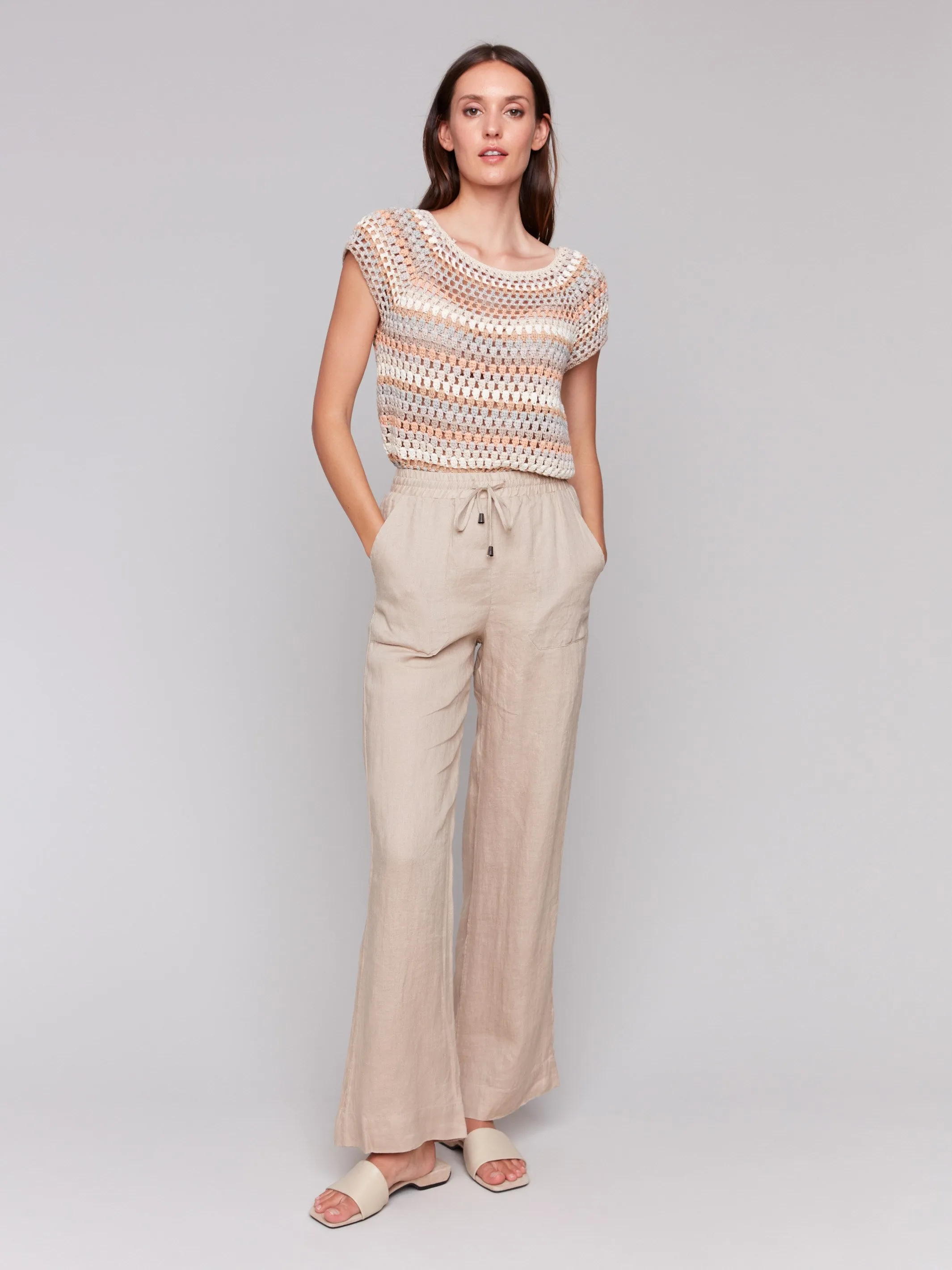 Pull-On Linen Blend Wide Leg Pants - Biscuit sold by Charlie B