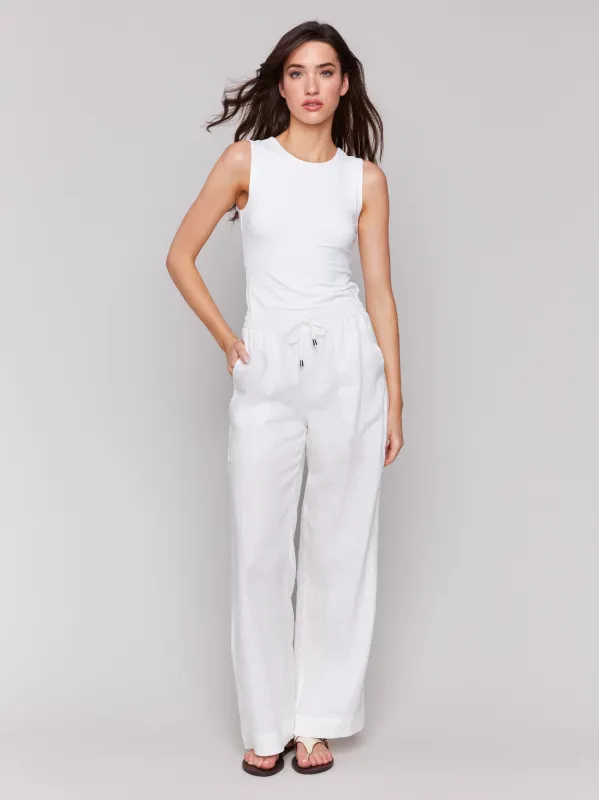 Pull-On Linen Blend Wide Leg Pants - White sold by Charlie B