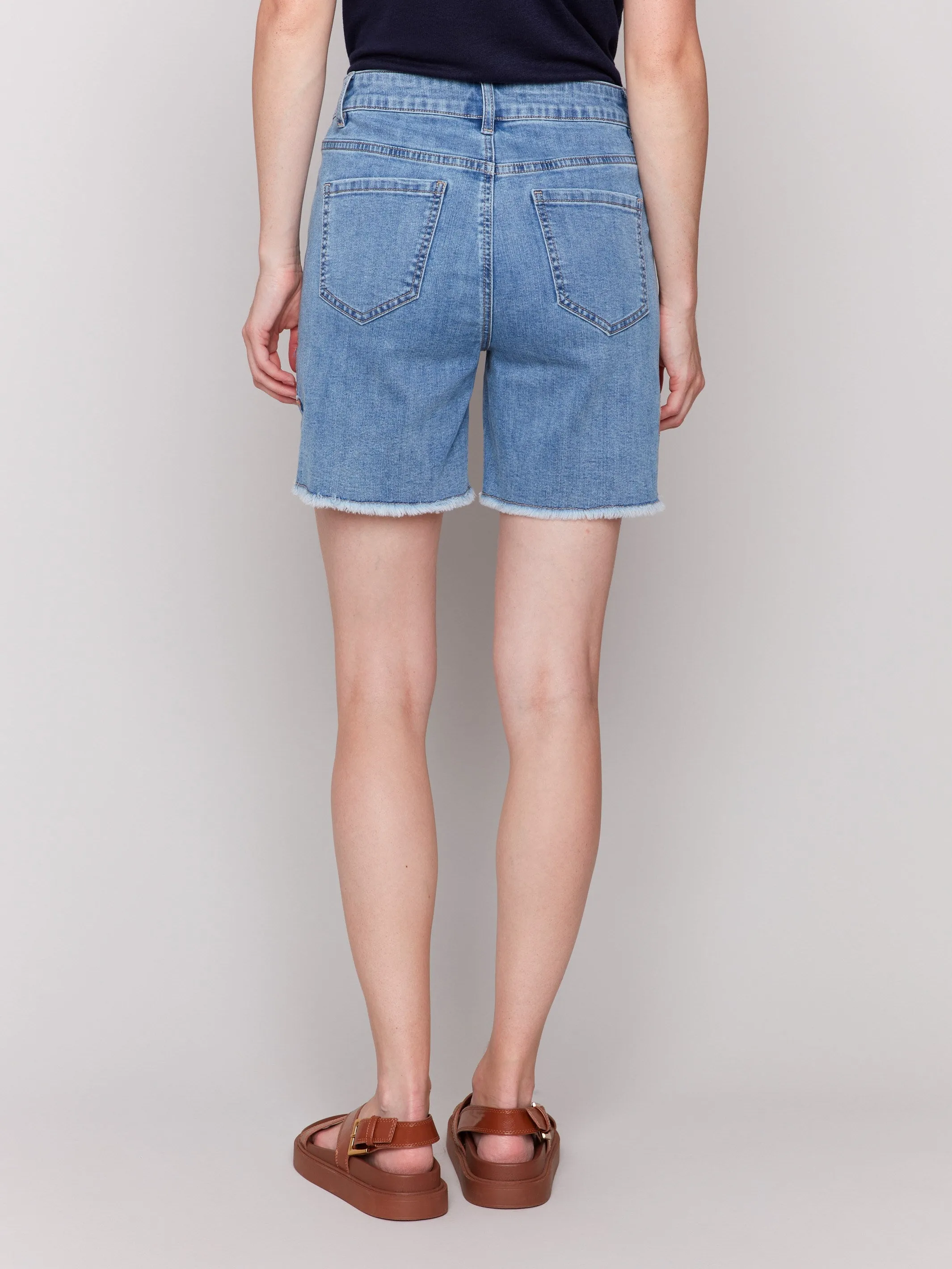 Embroidered Fringed Hem Denim Shorts - Light Blue sold by Charlie B product image thumbnail 4
