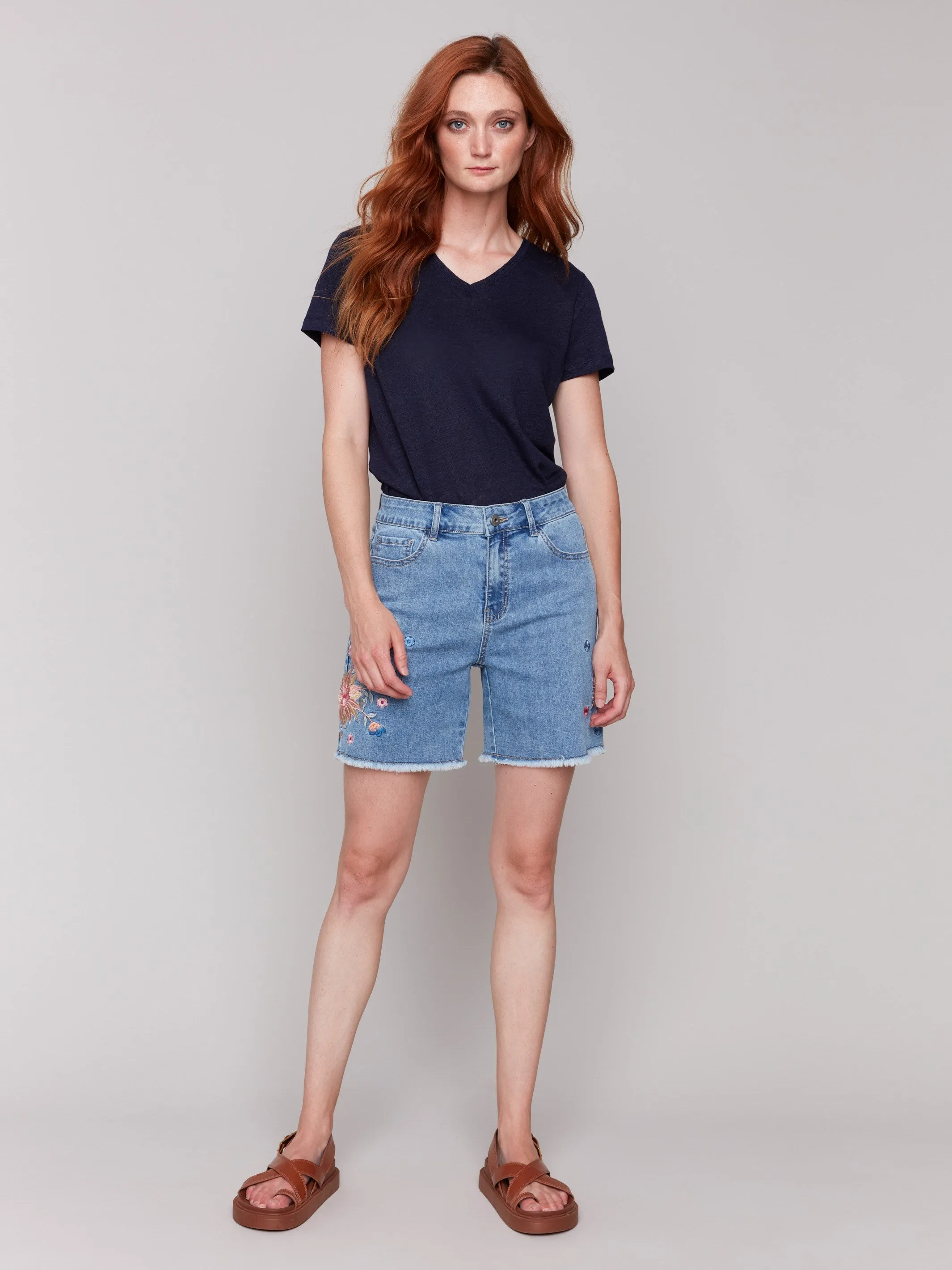 Embroidered Fringed Hem Denim Shorts - Light Blue sold by Charlie B
