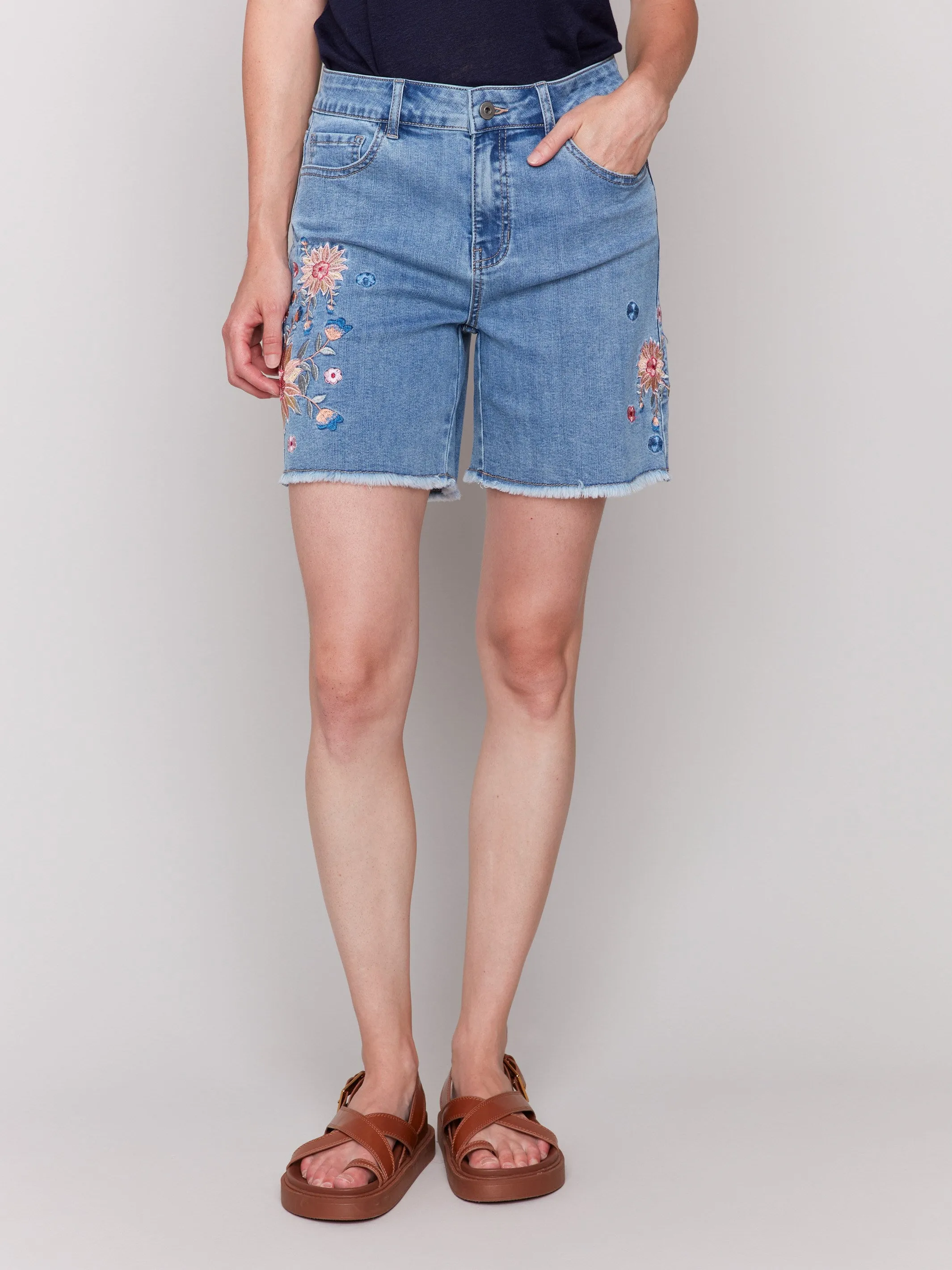 Embroidered Fringed Hem Denim Shorts - Light Blue sold by Charlie B product image thumbnail 2