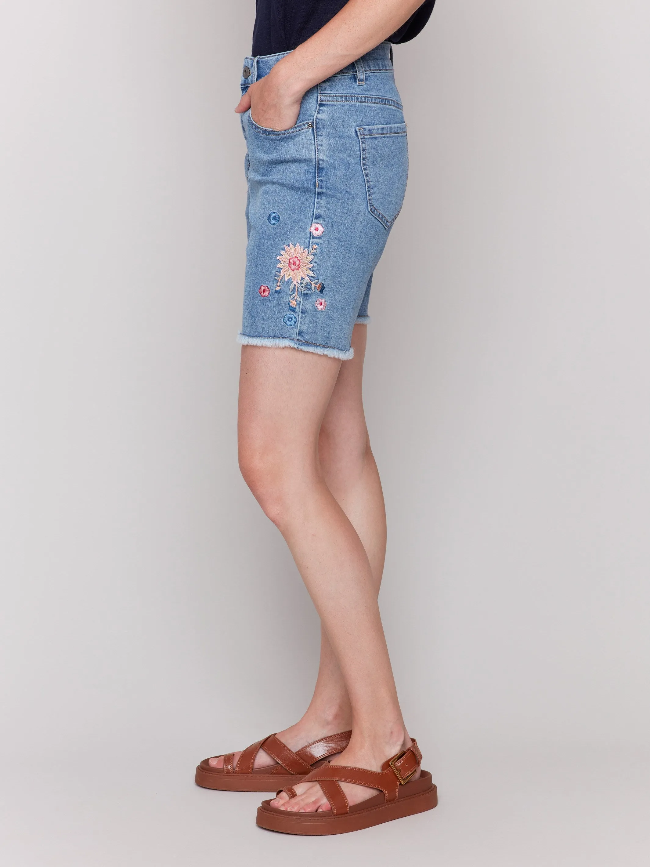 Embroidered Fringed Hem Denim Shorts - Light Blue sold by Charlie B product image thumbnail 3