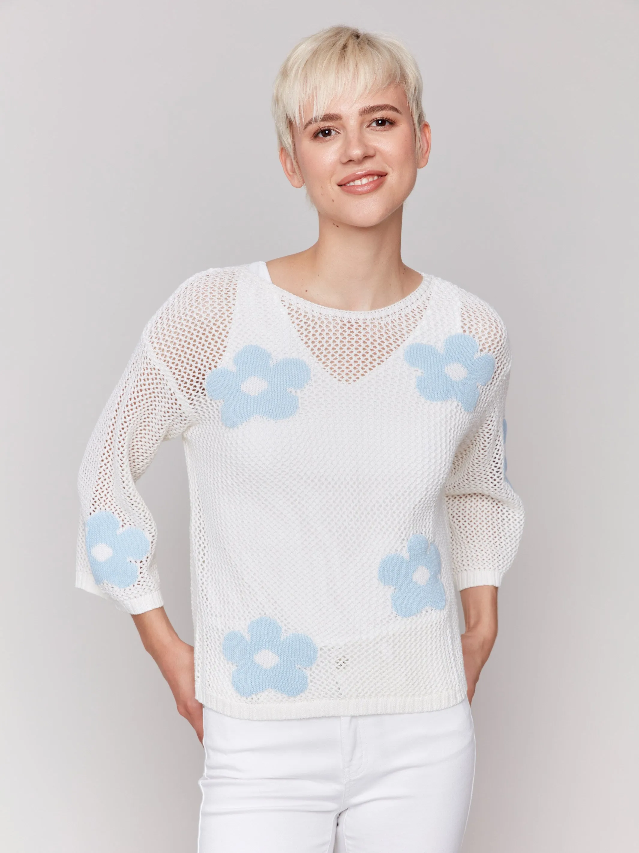 Jacquard Knit Crochet Sweater - White sold by Charlie B