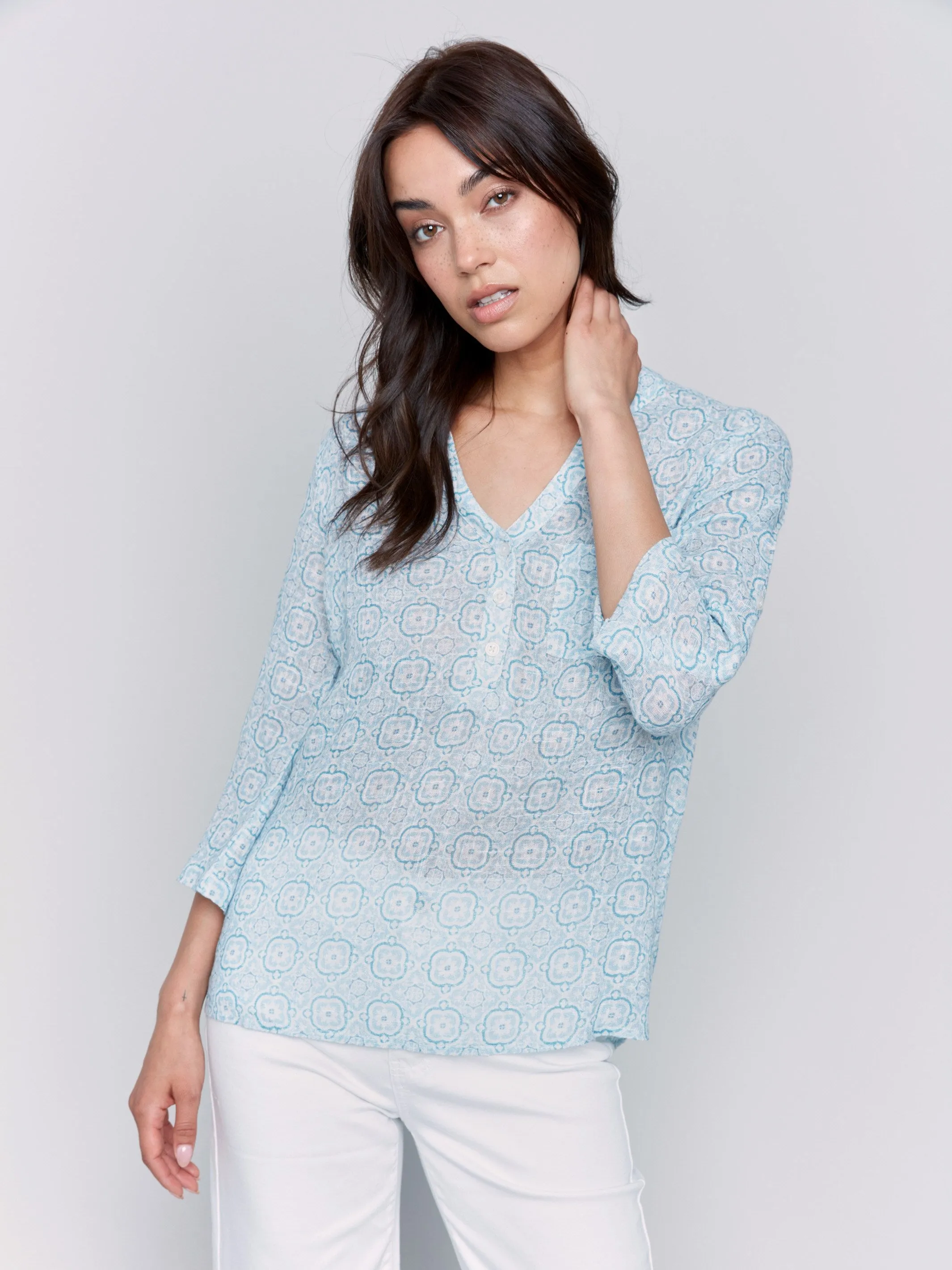 Printed Cotton Gauze Half-Button Blouse - Tiles sold by Charlie B product image thumbnail 3