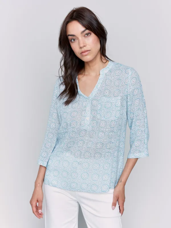 Printed Cotton Gauze Half-Button Blouse - Tiles sold by Charlie B
