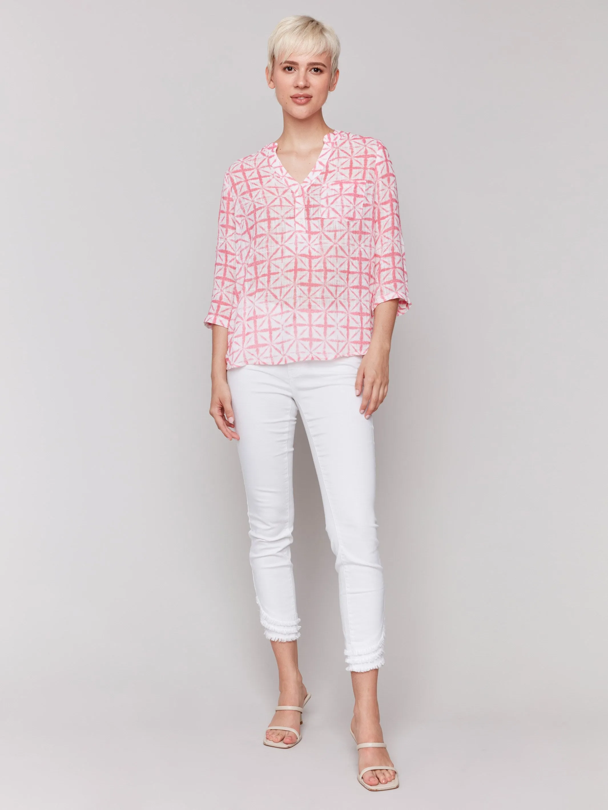 Printed Cotton Gauze Half-Button Blouse - Begonia sold by Charlie B product image thumbnail 3