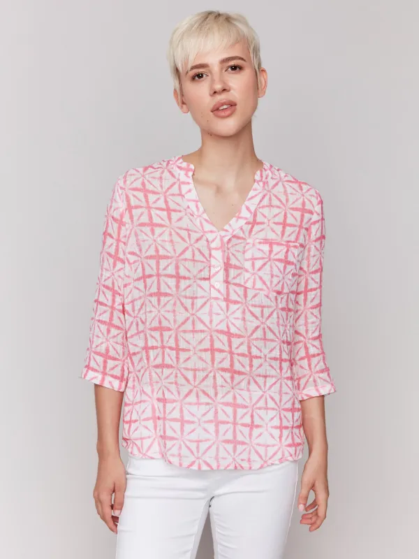 Printed Cotton Gauze Half-Button Blouse - Begonia sold by Charlie B
