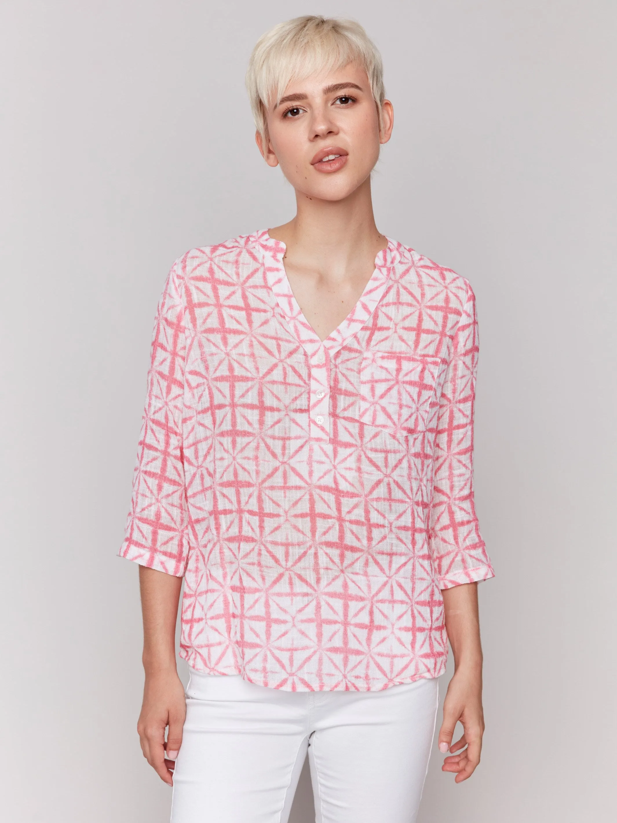 Printed Cotton Gauze Half-Button Blouse - Begonia sold by Charlie B