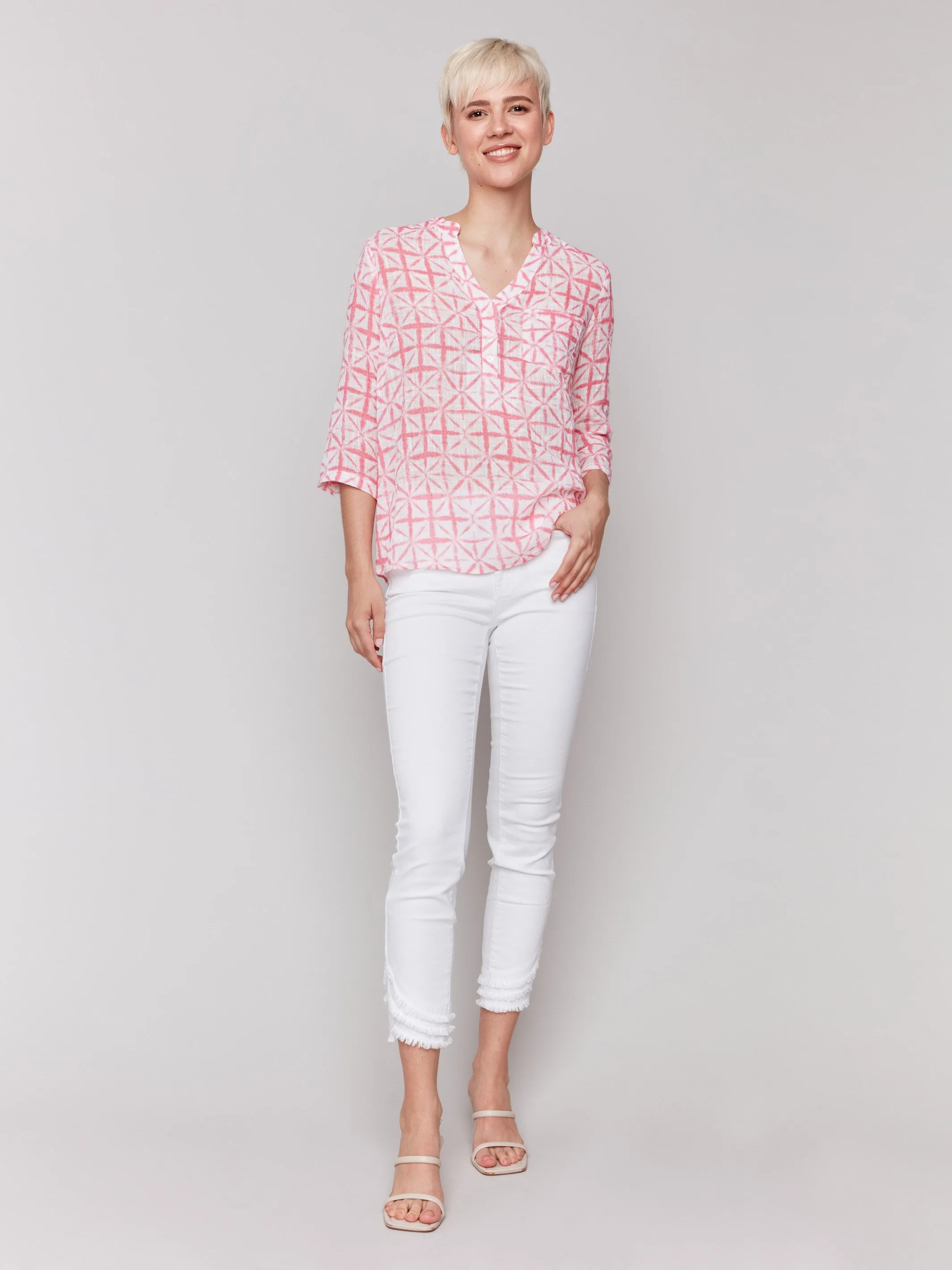 Printed Cotton Gauze Half-Button Blouse - Begonia sold by Charlie B product image thumbnail 5