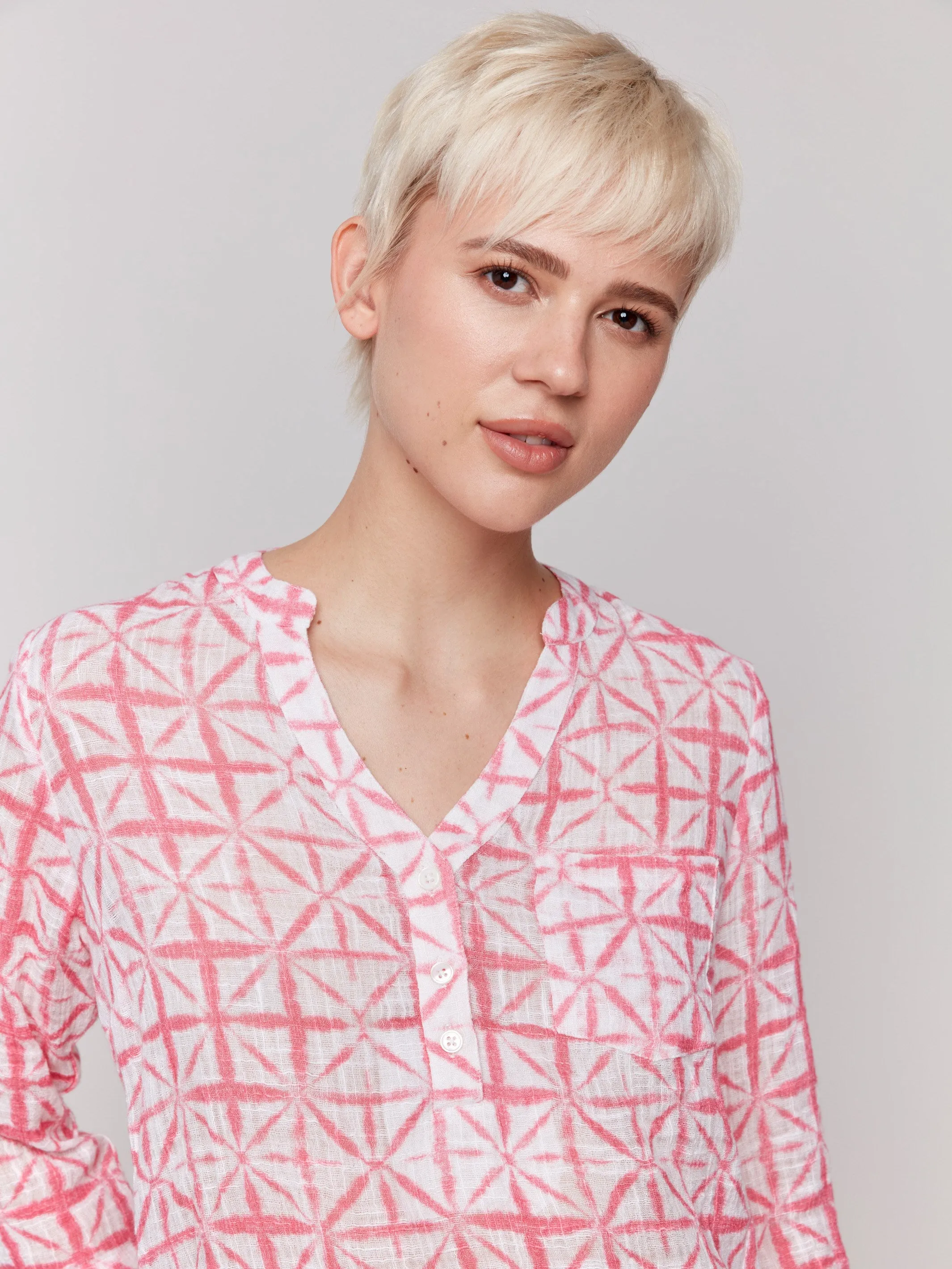 Printed Cotton Gauze Half-Button Blouse - Begonia sold by Charlie B product image thumbnail 2
