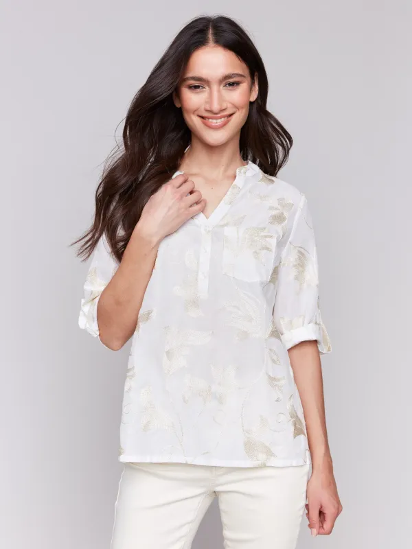 Embroidered Cotton Half-Button Blouse - Gold sold by Charlie B