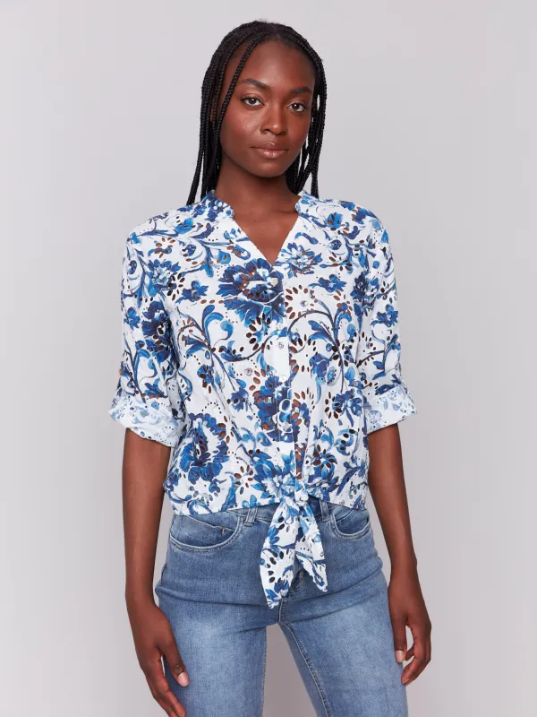 Printed Eyelet Cotton Blouse with Front Tie - Delphinium sold by Charlie B