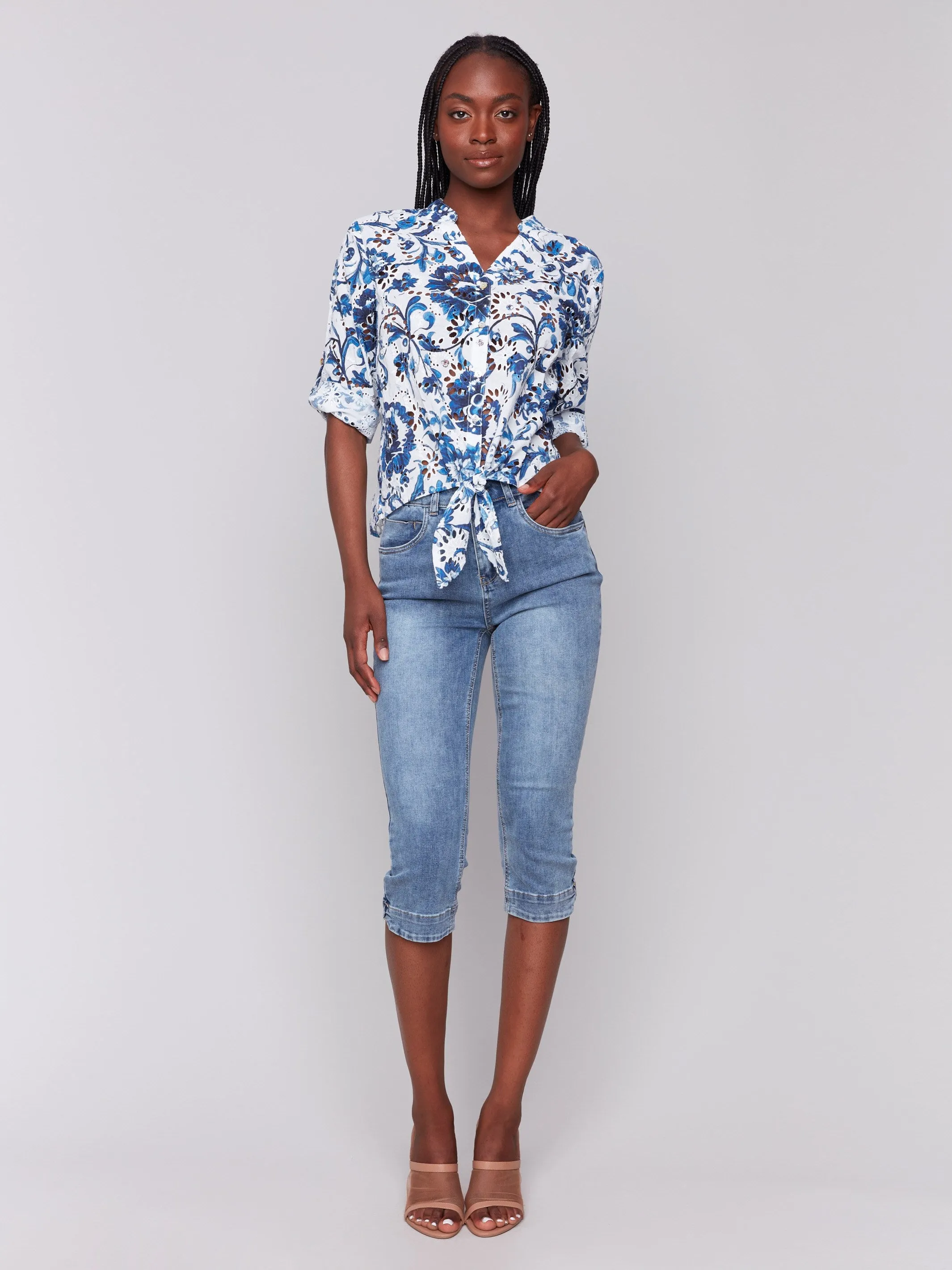 Printed Eyelet Cotton Blouse with Front Tie - Delphinium sold by Charlie B product image thumbnail 3