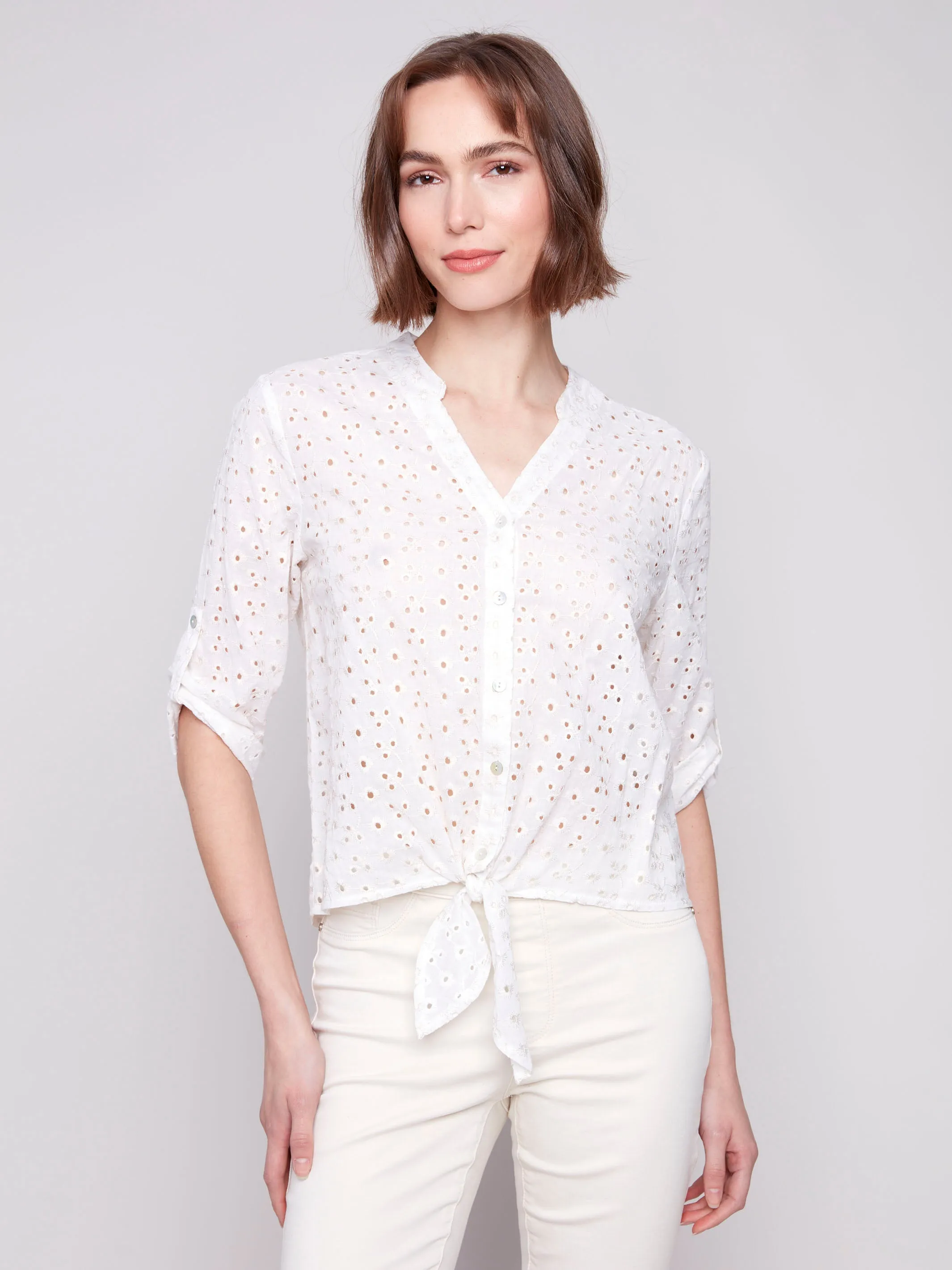 Eyelet Embroidery Cotton Blouse with Front Tie - Gold sold by Charlie B