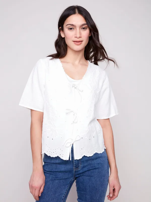 Eyelet Embroidery V-Neck Blouse with Front Ties - White sold by Charlie B