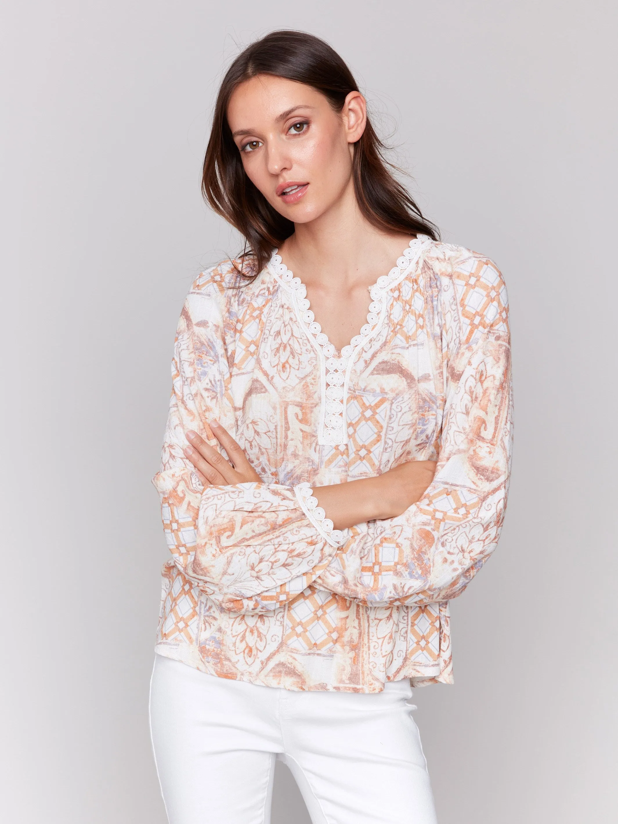 Printed Raglan Blouse with V-Notch Neckline - Papaya sold by Charlie B
