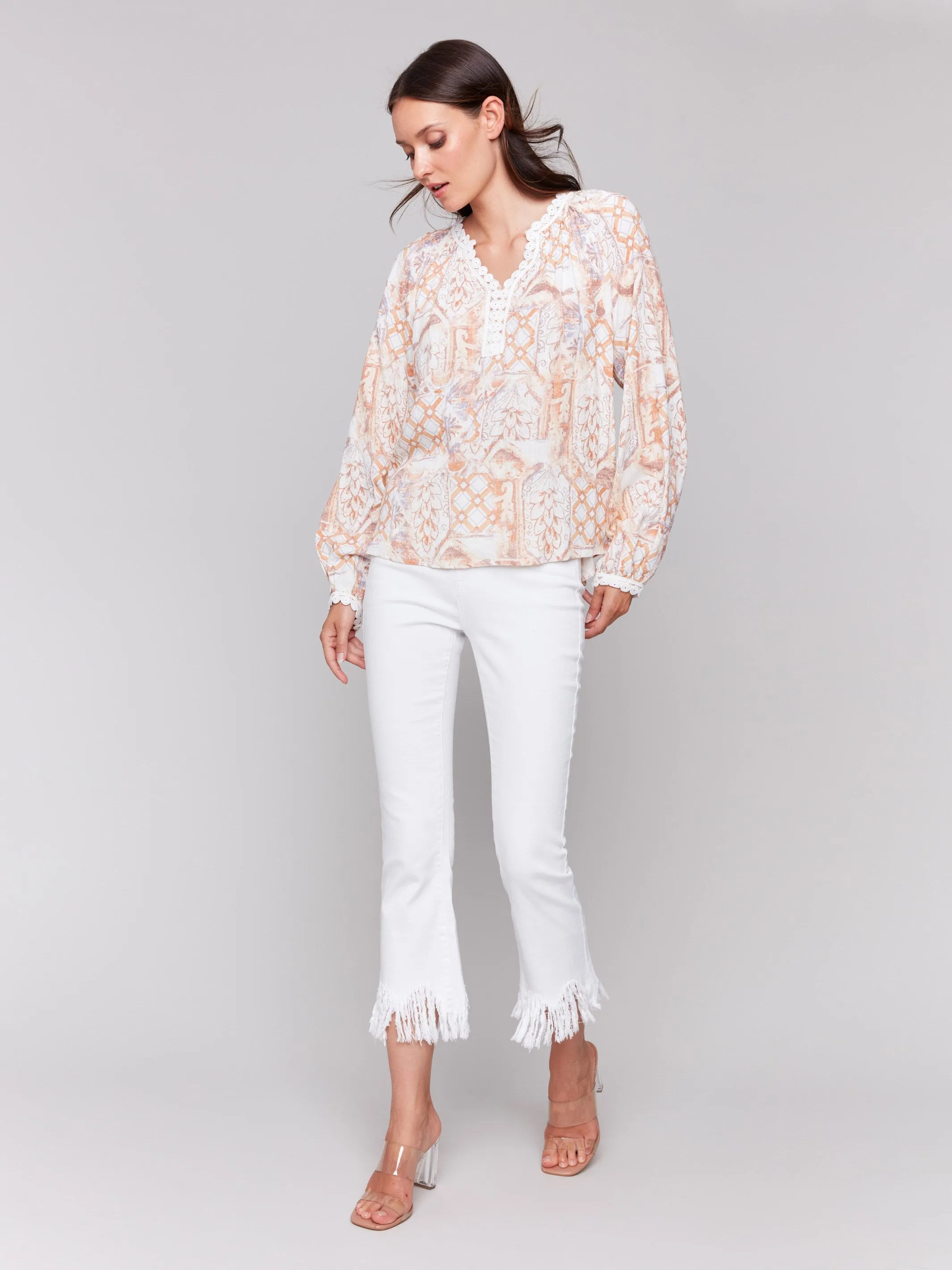 Printed Raglan Blouse with V-Notch Neckline - Papaya sold by Charlie B product image thumbnail 2