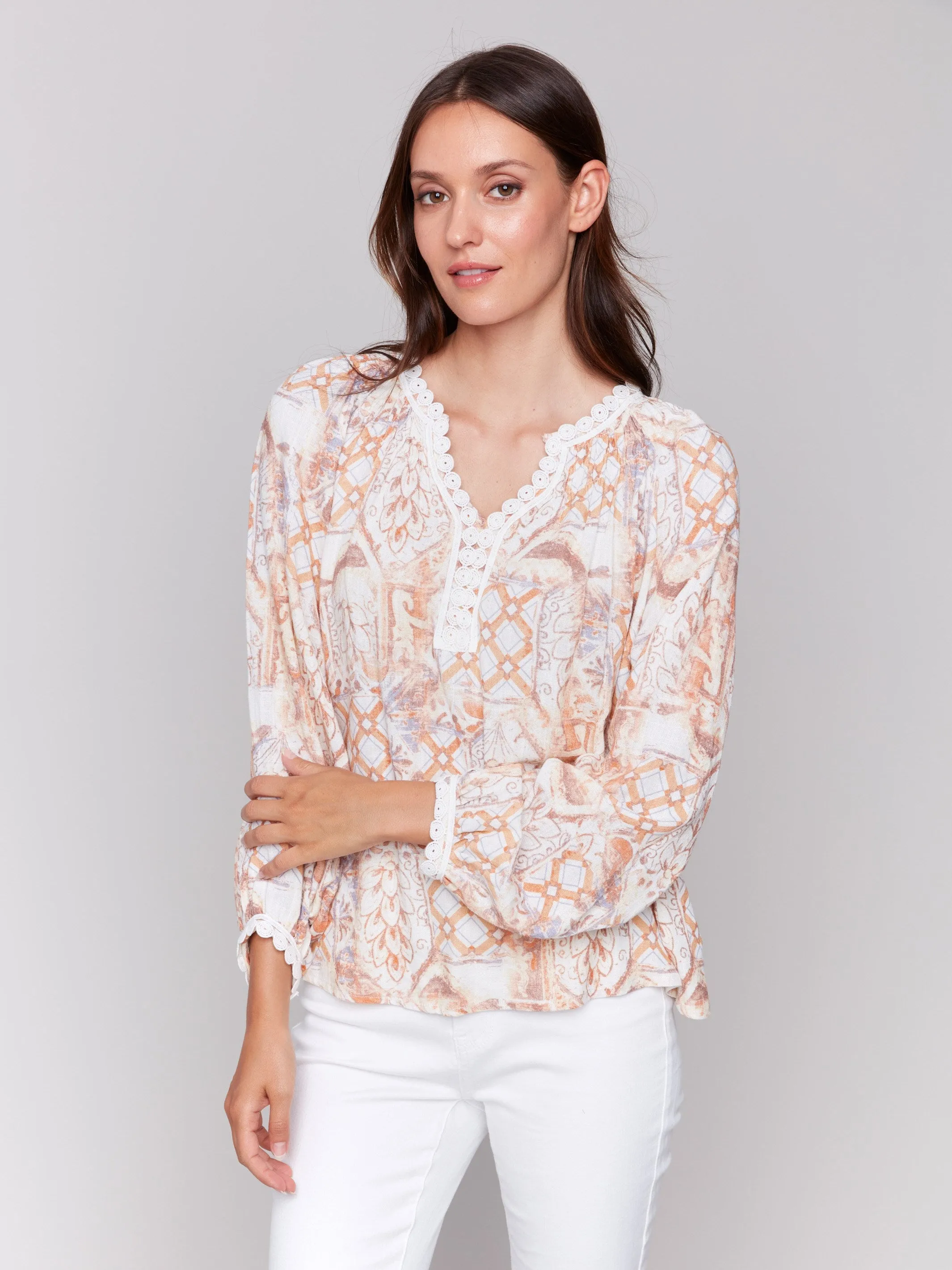 Printed Raglan Blouse with V-Notch Neckline - Papaya sold by Charlie B product image thumbnail 3