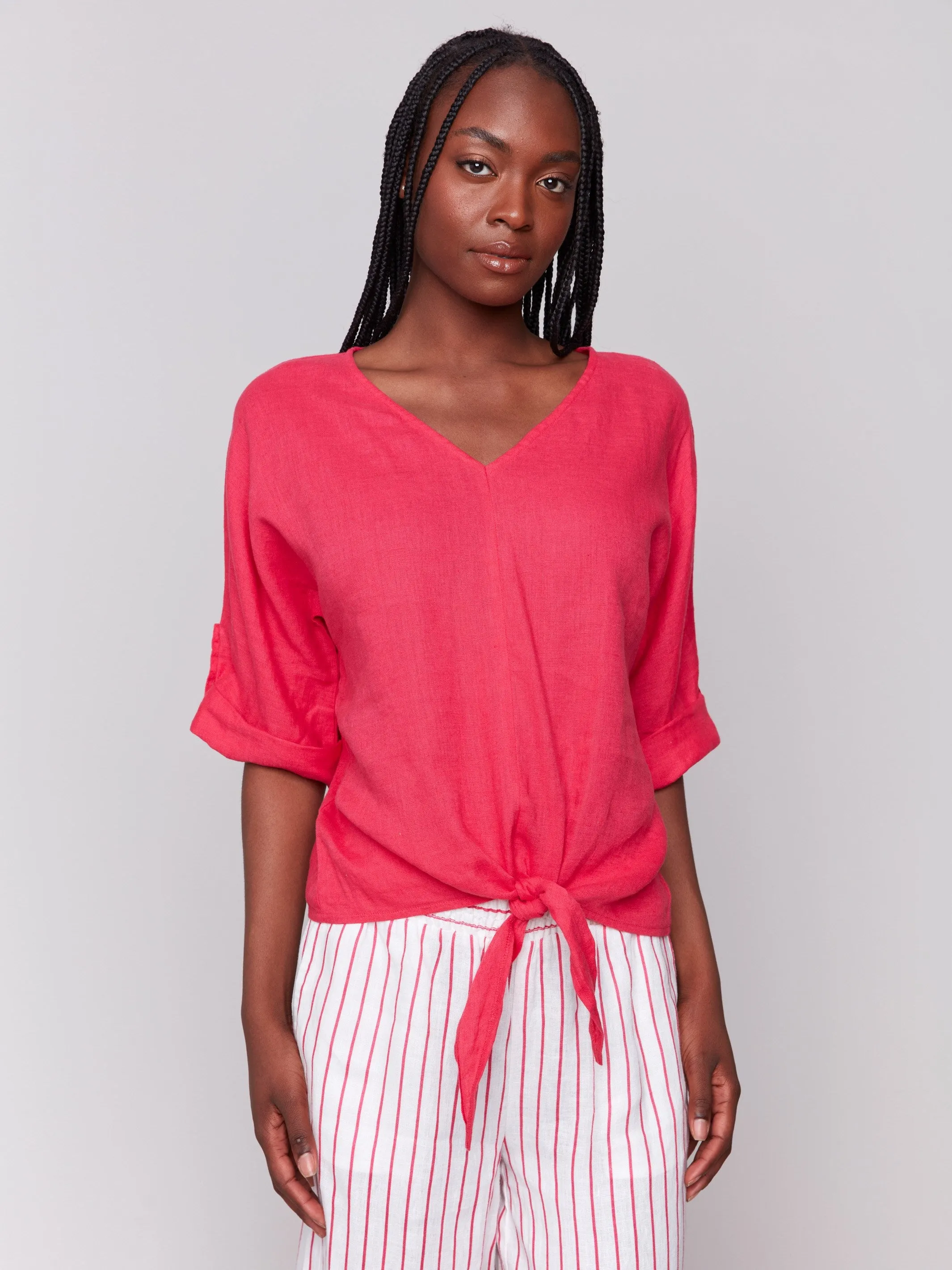 Linen Blend 3/4 Sleeve Top with Front Tie - Paradise sold by Charlie B product image thumbnail 4