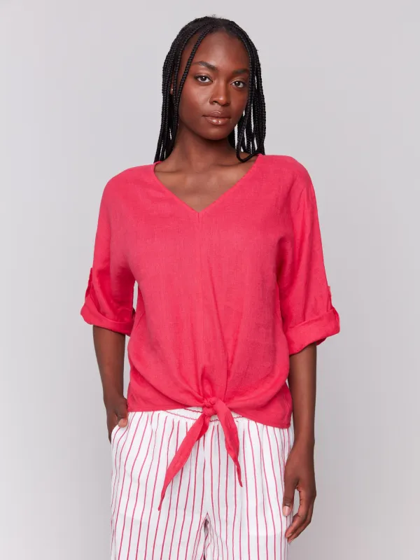 Linen Blend 3/4 Sleeve Top with Front Tie - Paradise sold by Charlie B