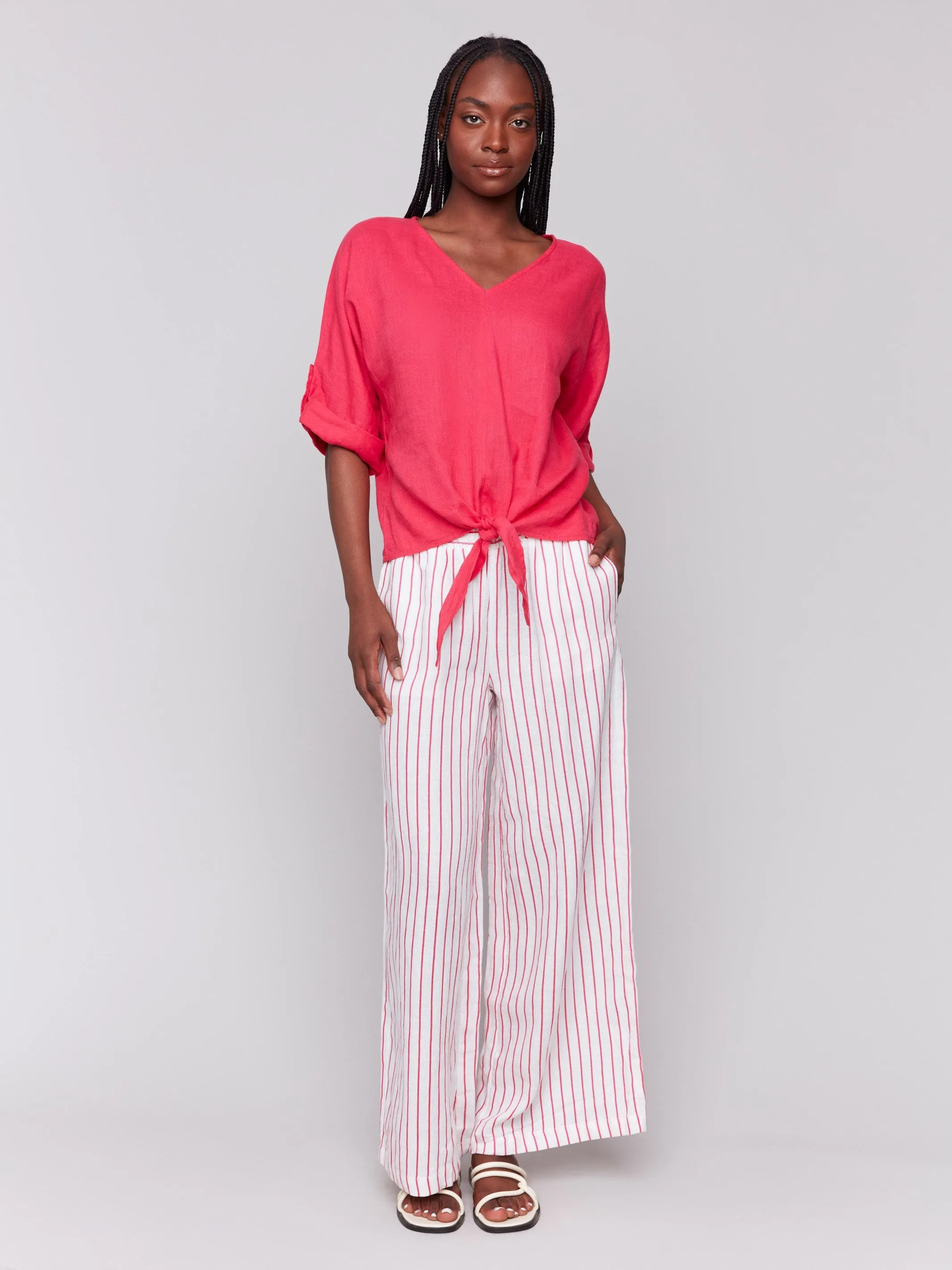 Linen Blend 3/4 Sleeve Top with Front Tie - Paradise sold by Charlie B product image thumbnail 5