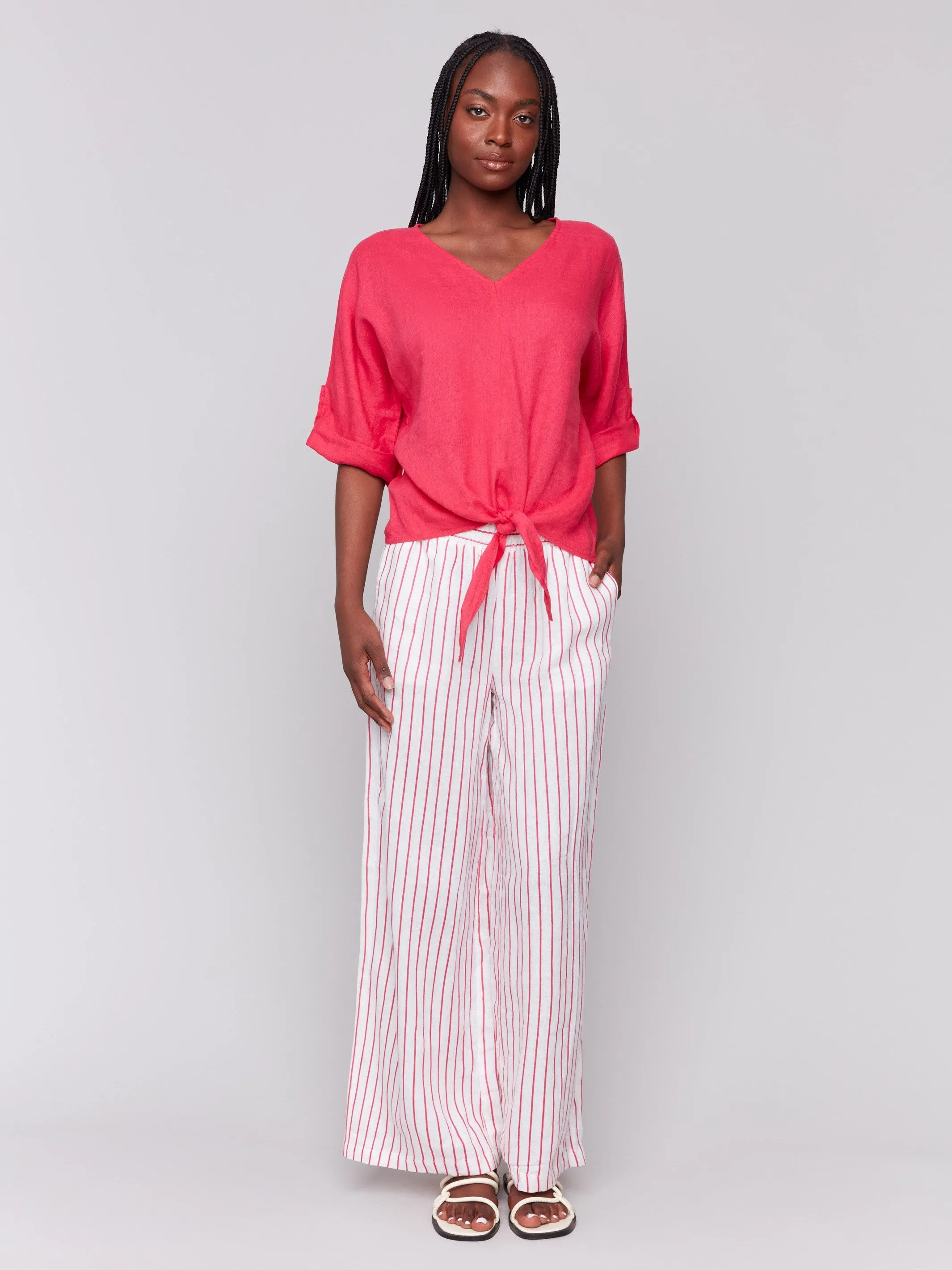 Linen Blend 3/4 Sleeve Top with Front Tie - Paradise sold by Charlie B product image thumbnail 2