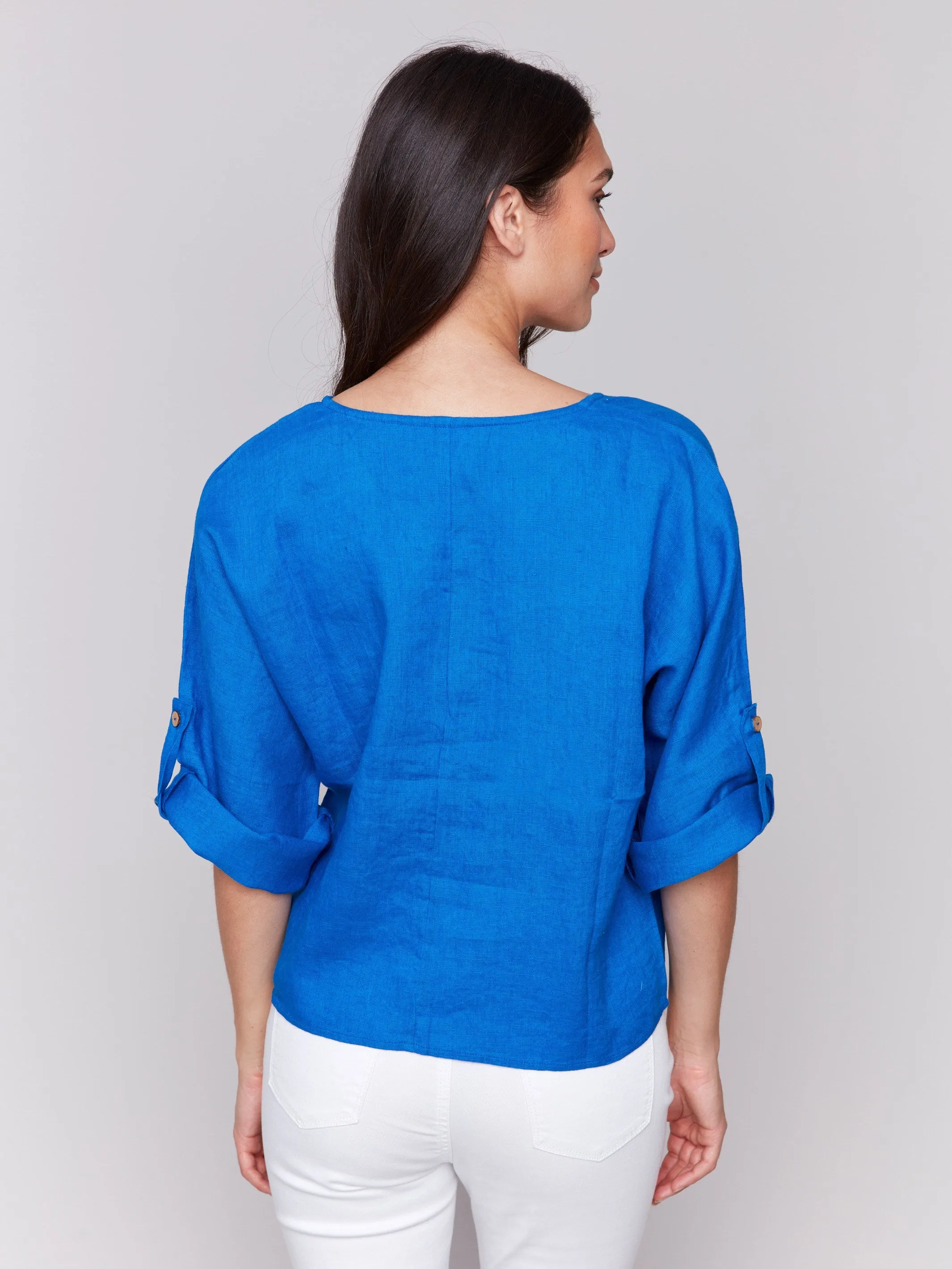 Linen Blend 3/4 Sleeve Top with Front Tie - Coastal sold by Charlie B product image thumbnail 4