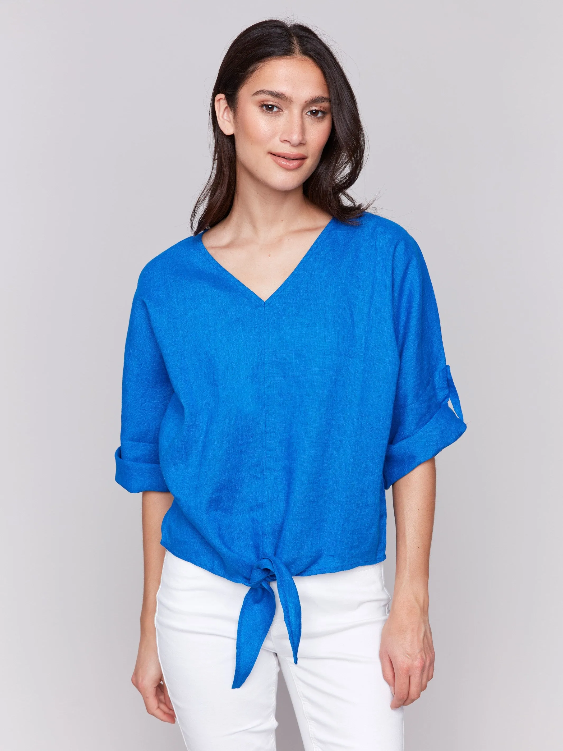 Linen Blend 3/4 Sleeve Top with Front Tie - Coastal sold by Charlie B