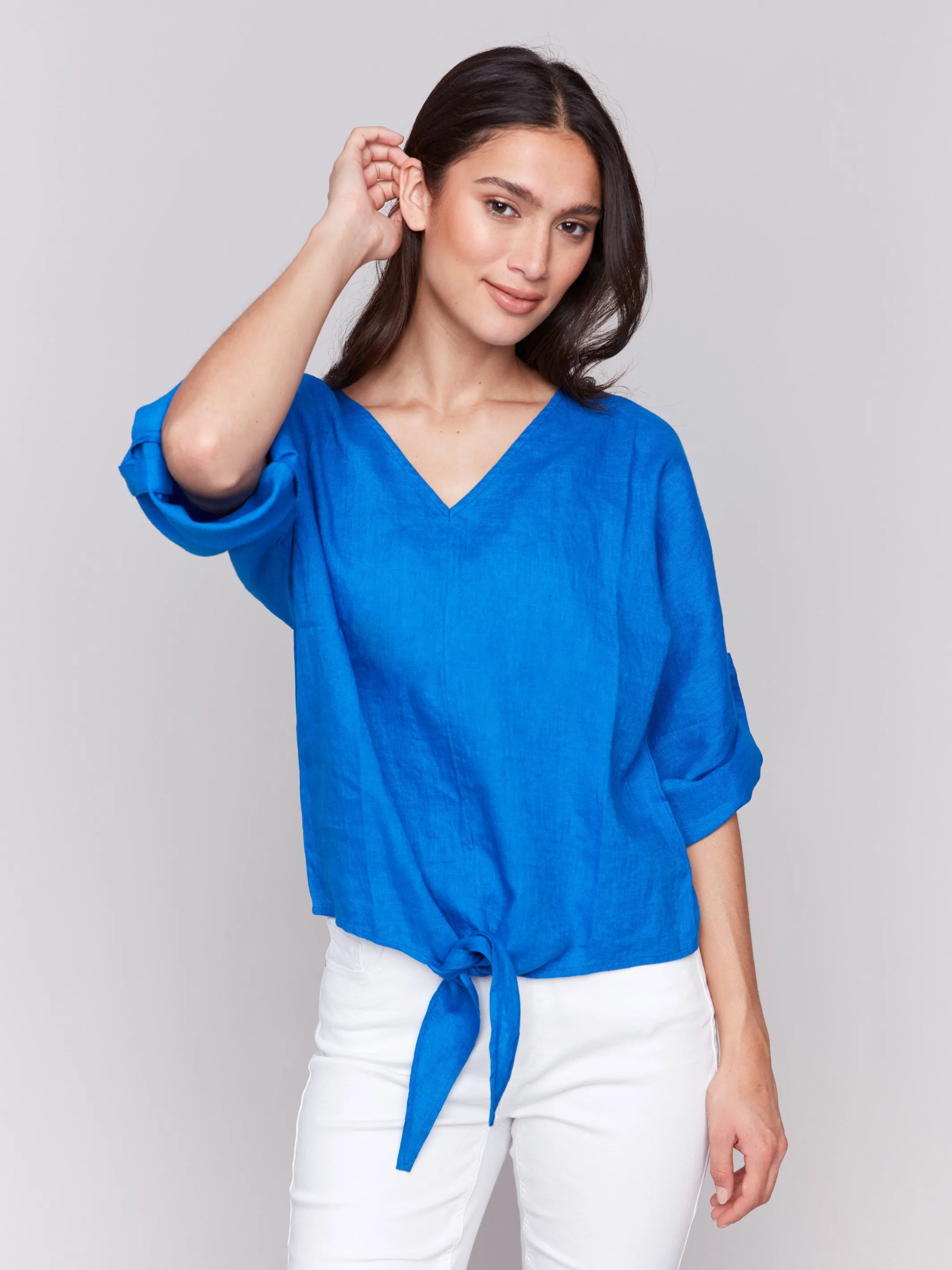 Linen Blend 3/4 Sleeve Top with Front Tie - Coastal sold by Charlie B product image thumbnail 2